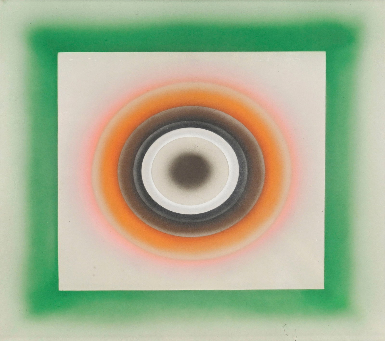 Ecole op art, Composition, 1969, peinture aérosol sur métal, signée (illisible) et da: Ecole op art, Composition, 1969, peinture aérosol sur métal, signée (illisible) et datée au verso, 60x60 cm (oeuvre), 77x77 cm (encadrement)