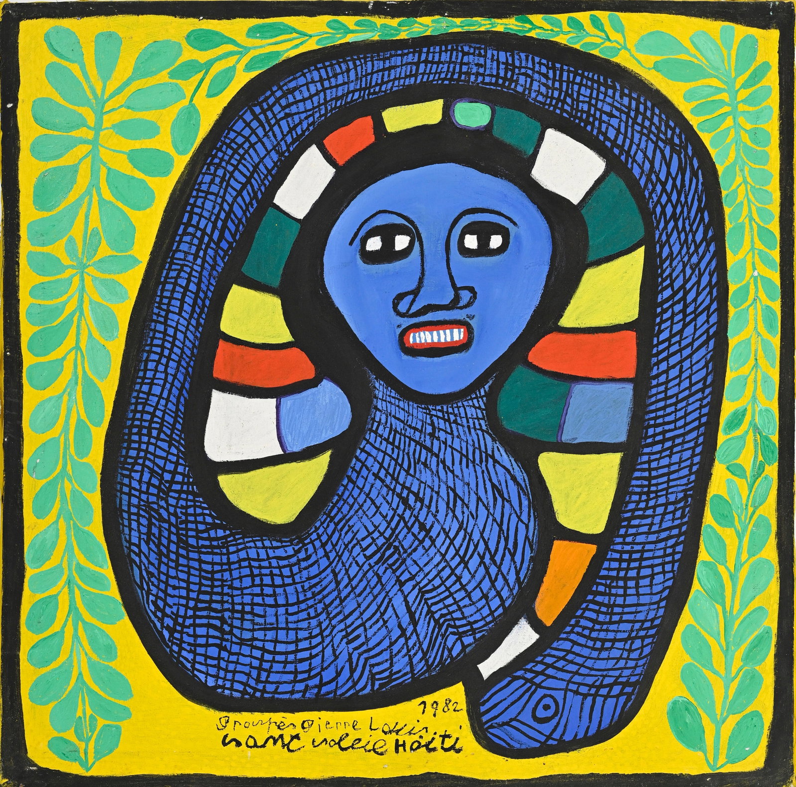 Prosper Pierre-Louis (1947-1997), "Saint soleil", 1982, acrylique sur toile, signée, datée: Prosper Pierre-Louis (1947-1997), "Saint soleil", 1982, acrylique sur toile, signée, datée et titrée, 61x61 cm