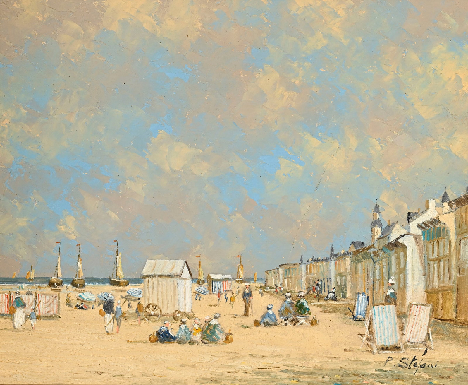Pierre Stefani (1938), "La plage à marée basse", huile sur panneau, signée, tampon de: Pierre Stefani (1938), "La plage à marée basse", huile sur panneau, signée, tampon de l'atelier et étiquette de l'artiste au verso, 22x27 cm
