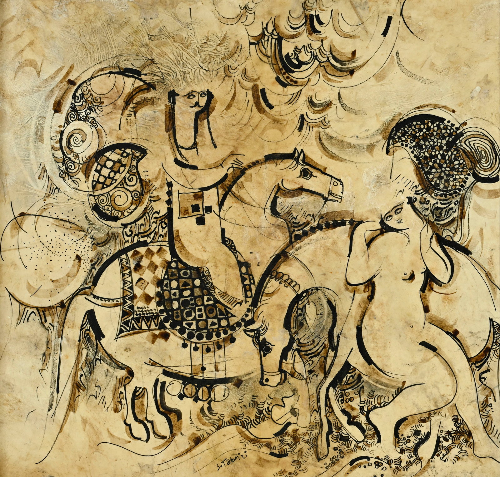 Sadegh Tabrizi (1938-2017), Chevaux, cavalier et baigneuse, technique mixte sur parchemin, signé (1 of 6)