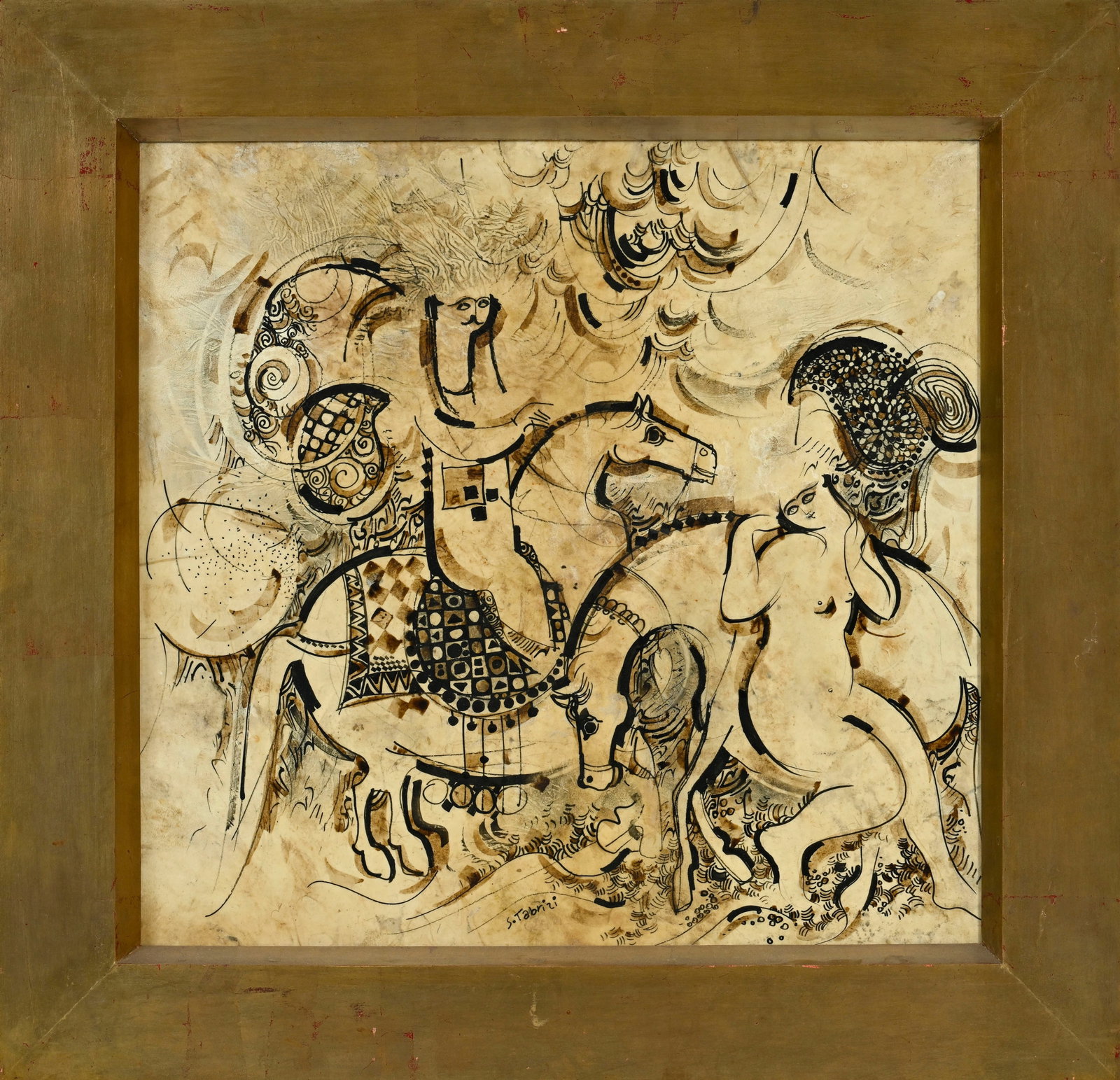 Sadegh Tabrizi (1938-2017), Chevaux, cavalier et baigneuse, technique mixte sur parchemin, signé - 2
