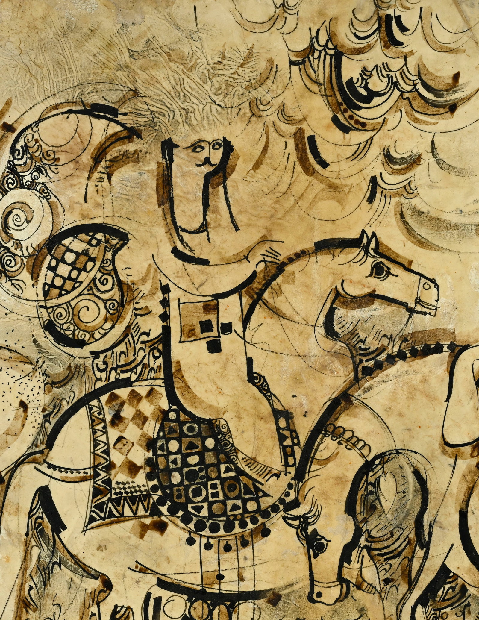Sadegh Tabrizi (1938-2017), Chevaux, cavalier et baigneuse, technique mixte sur parchemin, signé - 3