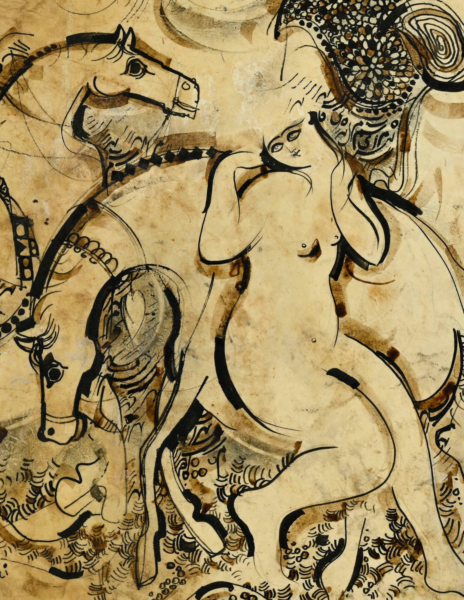 Sadegh Tabrizi (1938-2017), Chevaux, cavalier et baigneuse, technique mixte sur parchemin, signé - 4