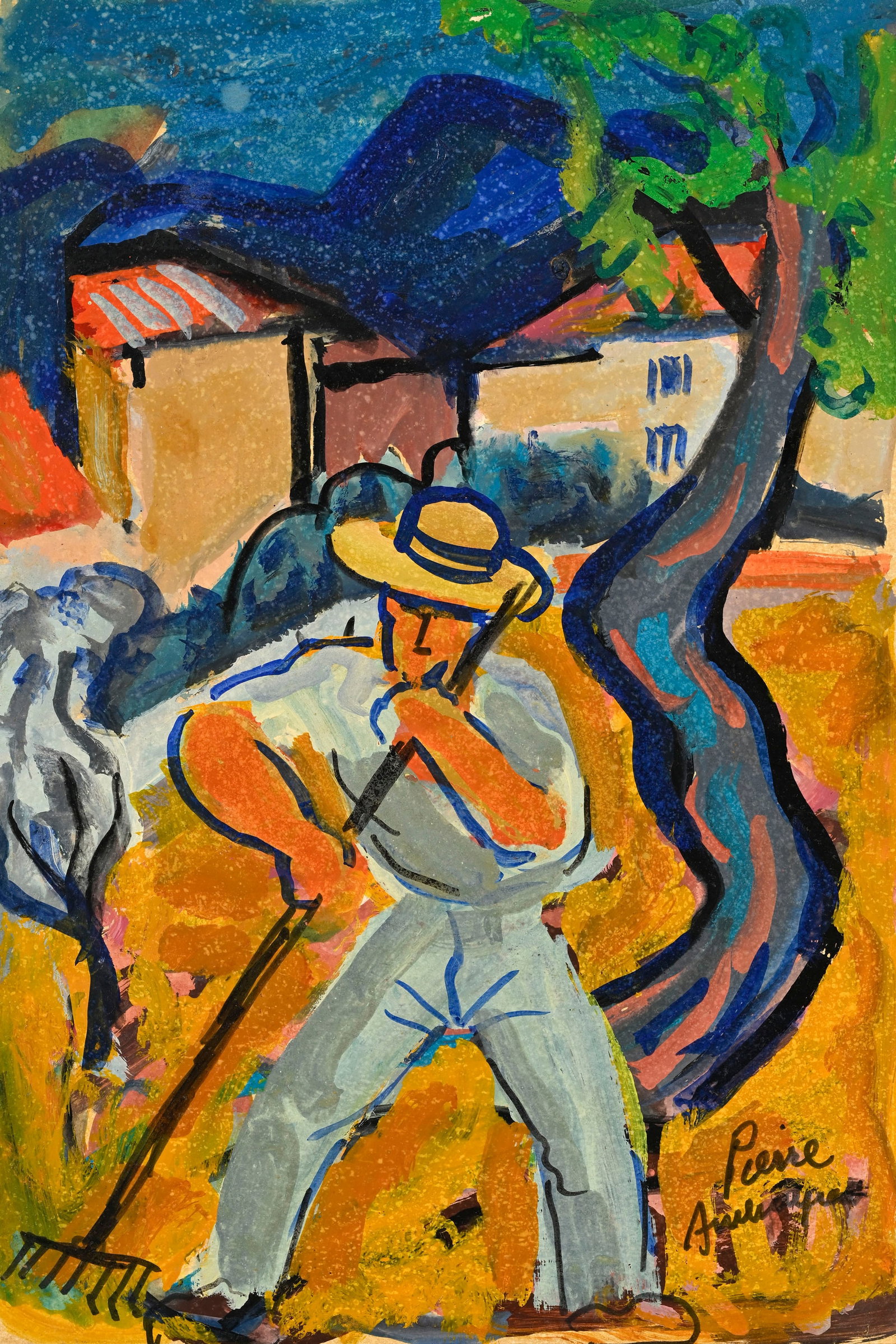Pierre Ambrogiani (1907-1985), Homme au râteau, technique mixte sur papier marouflé sur to: Pierre Ambrogiani (1907-1985), Homme au râteau, technique mixte sur papier marouflé sur toile, signée, 56,5x38 cm