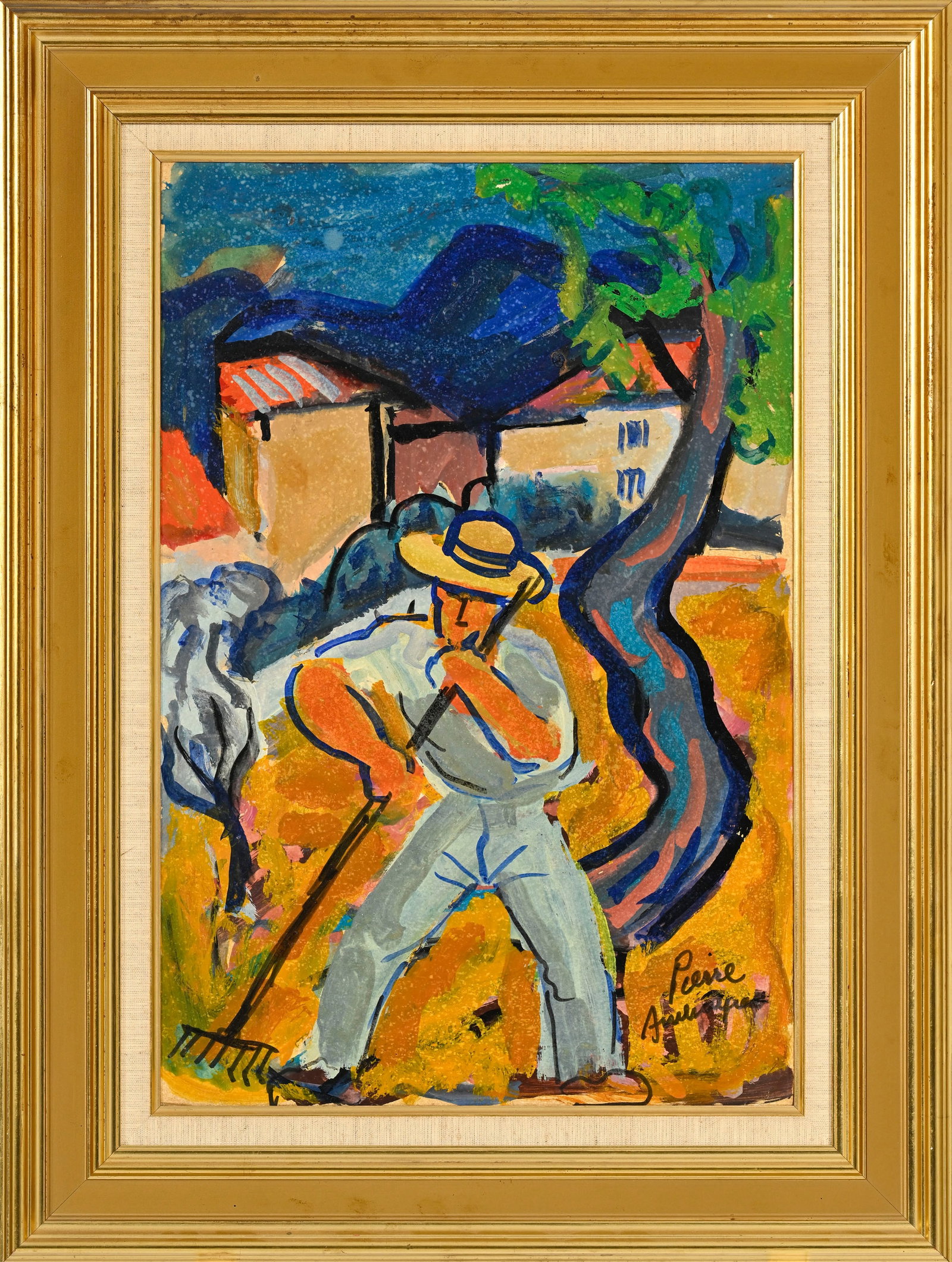 Pierre Ambrogiani (1907-1985), Homme au râteau, technique mixte sur papier marouflé sur to - 2