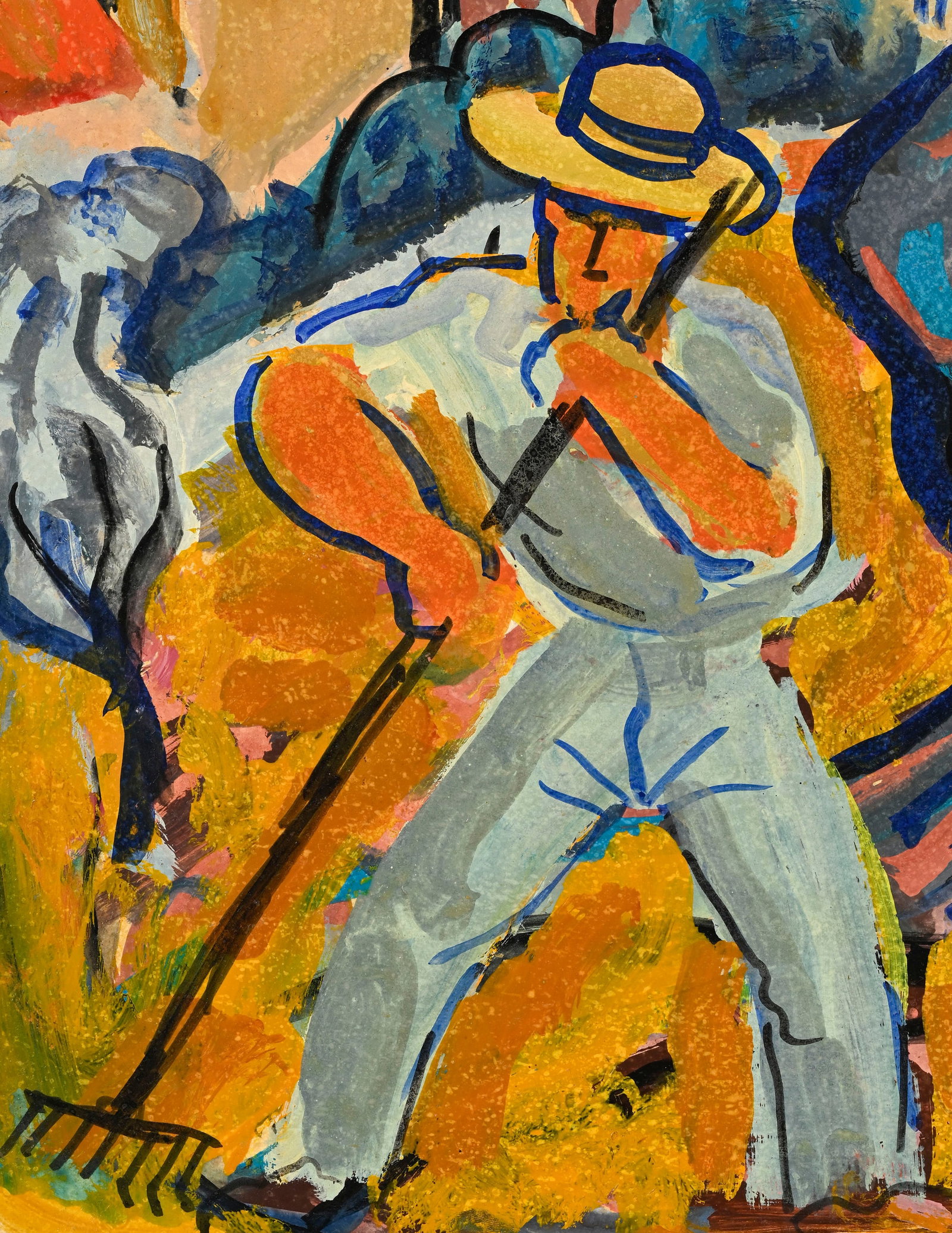 Pierre Ambrogiani (1907-1985), Homme au râteau, technique mixte sur papier marouflé sur to - 3