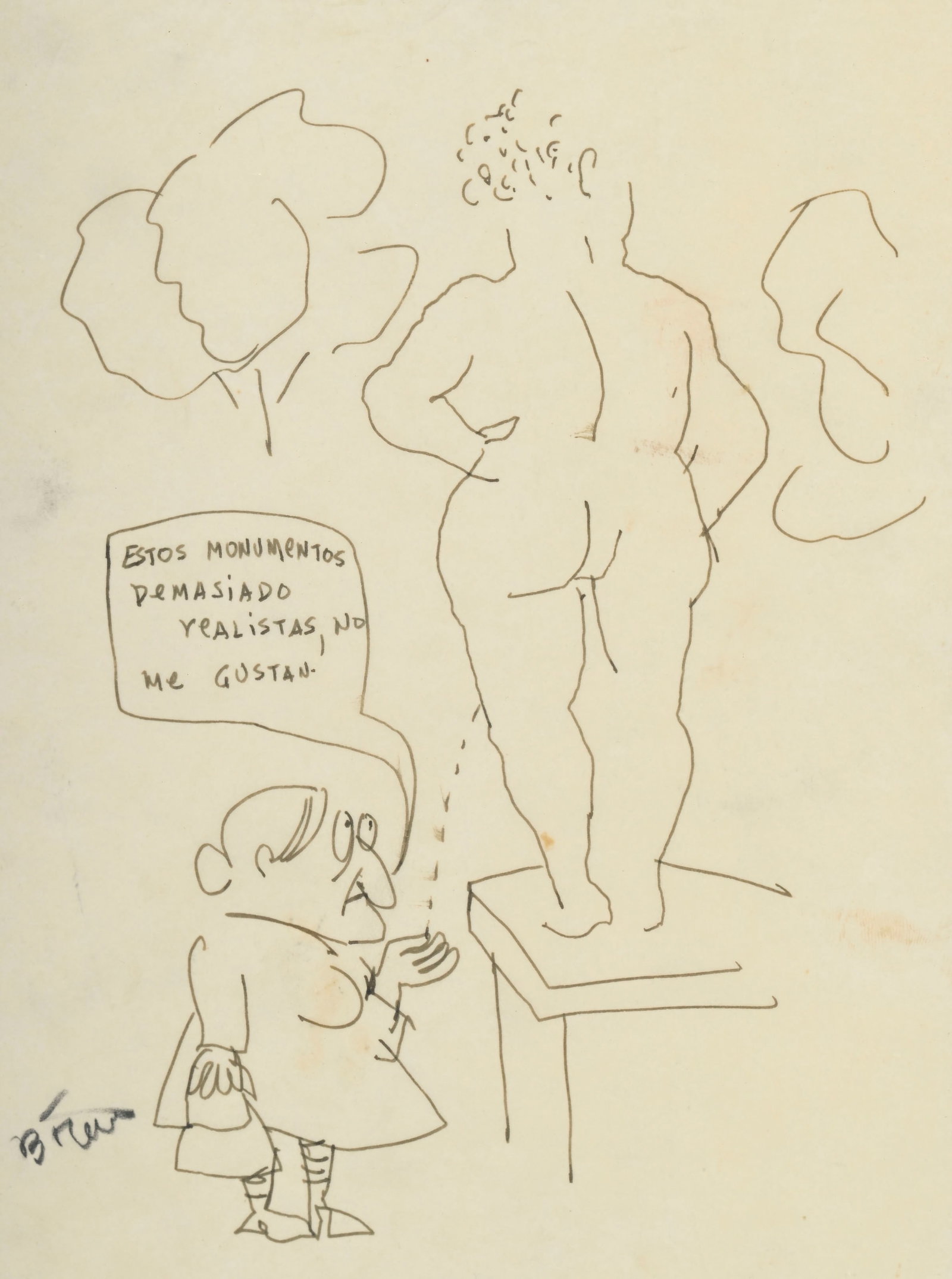 Fernando Botero (1932-2023), "Estos monumentos demasiado realistas, no me gustan", encre sur papier,: Fernando Botero (1932-2023), "Estos monumentos demasiado realistas, no me gustan", encre sur papier, signée et titrée au crayon, 32,5x23 cm Provenance: Collection Lucienne Pasquier, acquis d