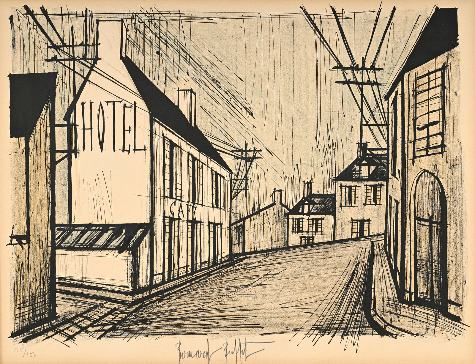 Bernard Buffet (1928-1999), d'après, "Place de village avec hôtel", lithographie, sign: Bernard Buffet (1928-1999), d'après, "Place de village avec hôtel", lithographie, signée et numérotée 125/150 au crayon, 53x69 cm (à vue) Condition Feuille bruni Cadre