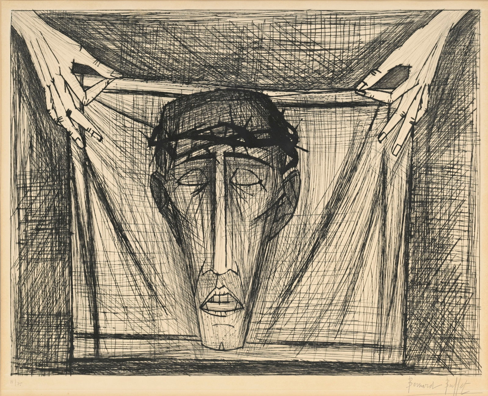Bernard Buffet (1928-1999), d'après, "Sainte-Face", 1953, lithographie, signée et numé: Bernard Buffet (1928-1999), d'après, "Sainte-Face", 1953, lithographie, signée et numérotée 18/75 au crayon, 53,5x66,5 cm