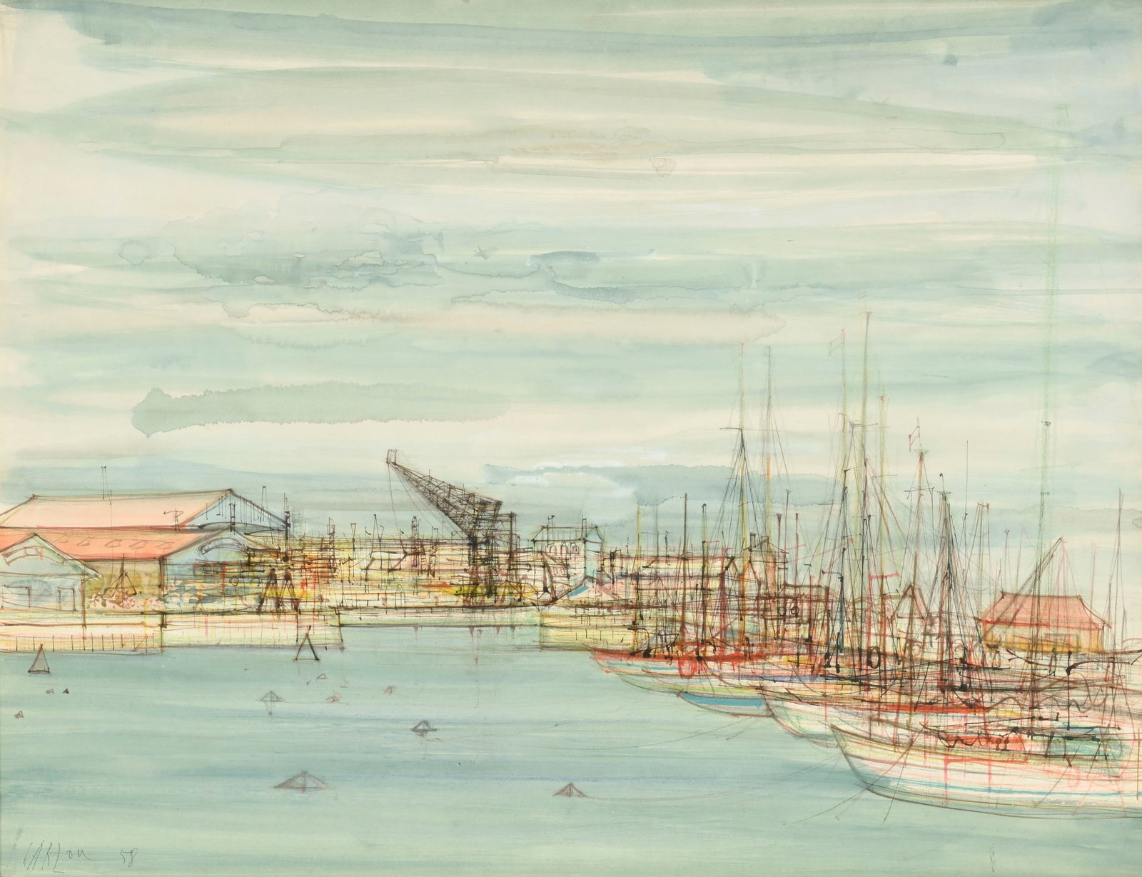 Jean Carzou (1907-2000), Scène de port, 1958, technique mixte (aquarelle, encre, gouache et cra: Jean Carzou (1907-2000), Scène de port, 1958, technique mixte (aquarelle, encre, gouache et crayon) sur papier, signée et datée, 50,5x65 cm (à vue)