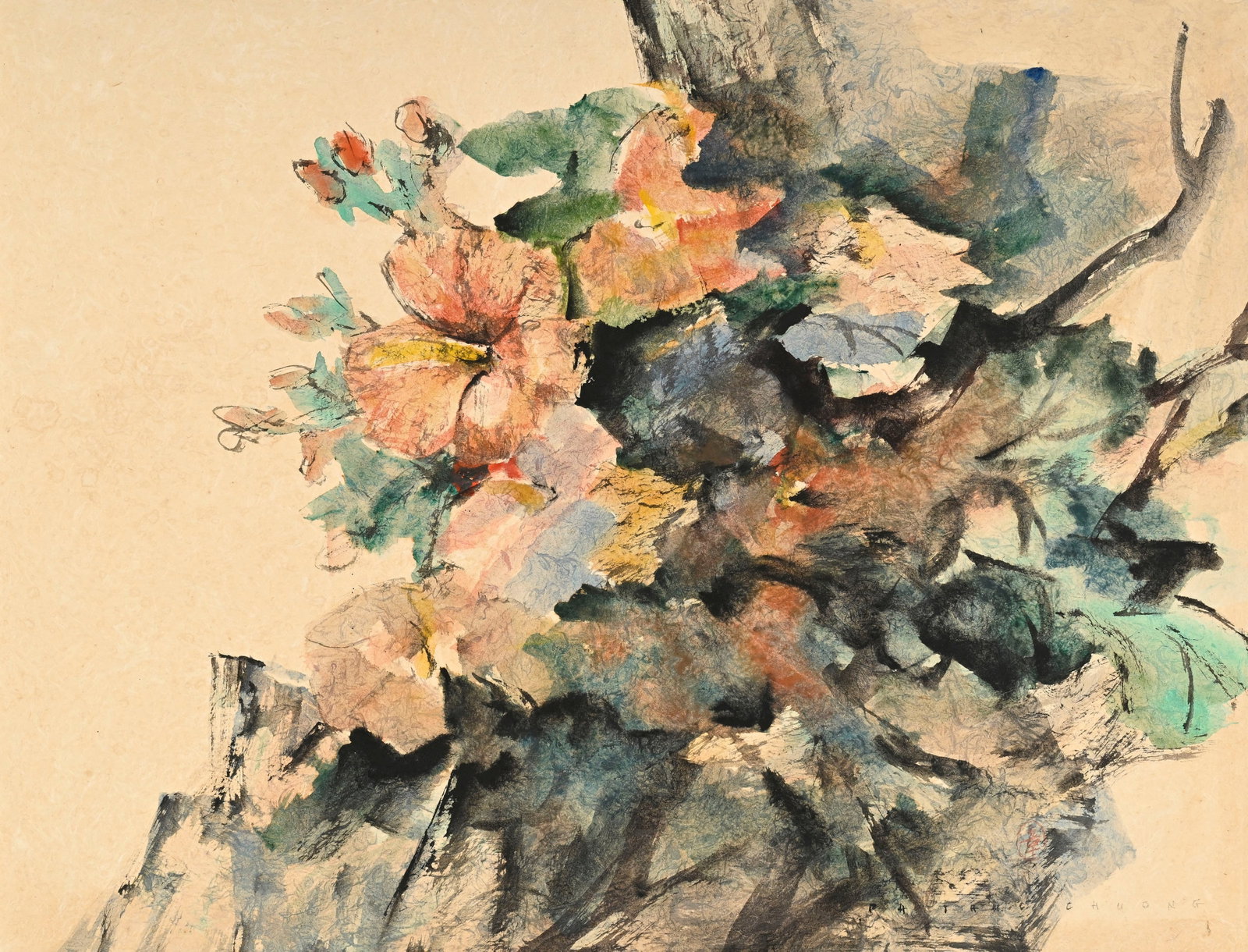 Pham Thuc Chuong (1918-1983), Hibiscus, aquarelle et encre de Chine sur papier Japon, signée, 5: Pham Thuc Chuong (1918-1983), Hibiscus, aquarelle et encre de Chine sur papier Japon, signée, 53x68,5 cm