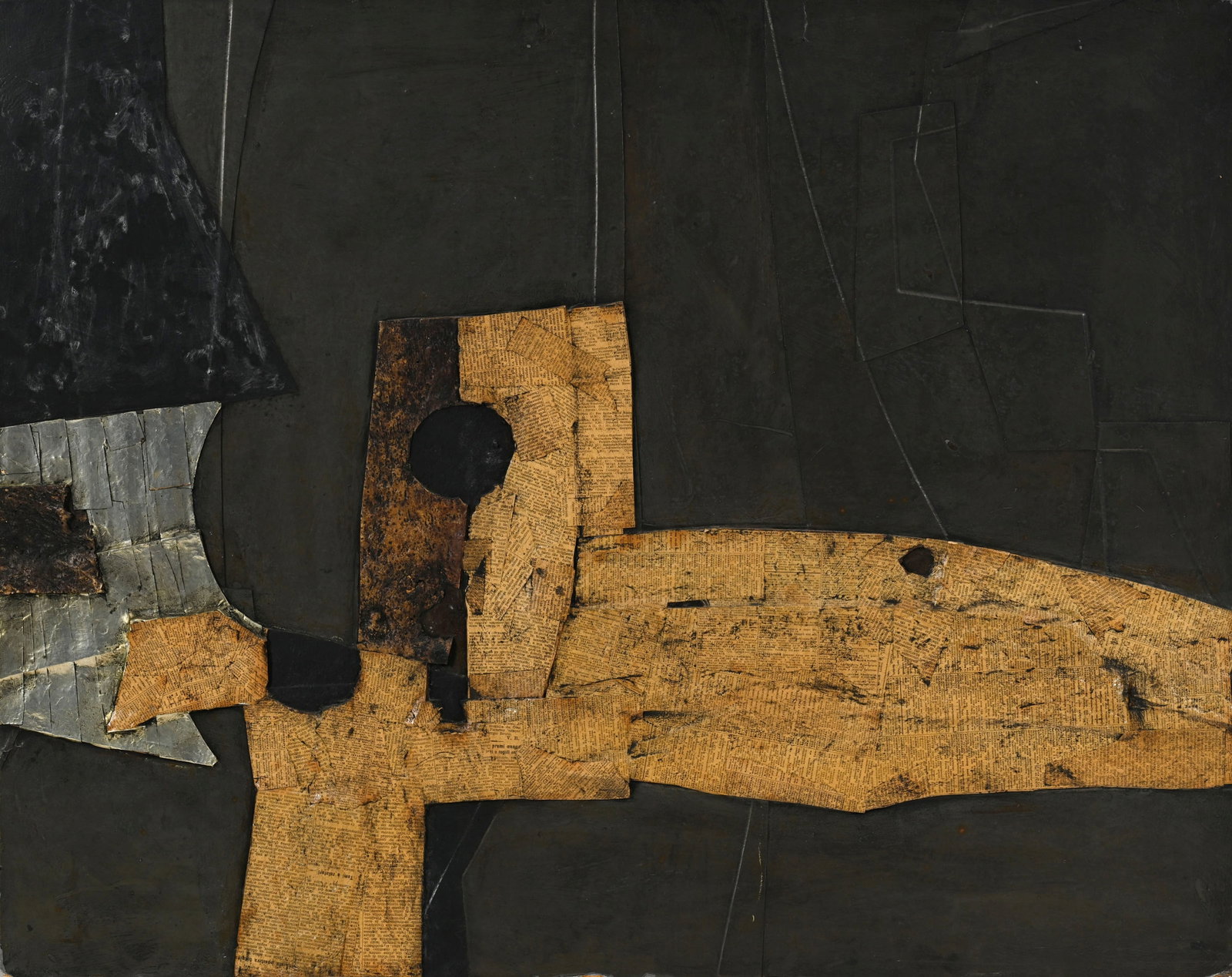 Roberto Gaetano Crippa (1921-1972), "Vol de la matière", 1961, technique mixte et collage sur p: Roberto Gaetano Crippa (1921-1972), "Vol de la matière", 1961, technique mixte et collage sur panneau, signée, datée et titrée au verso, 73x92 cm Condition Lacunes dans les