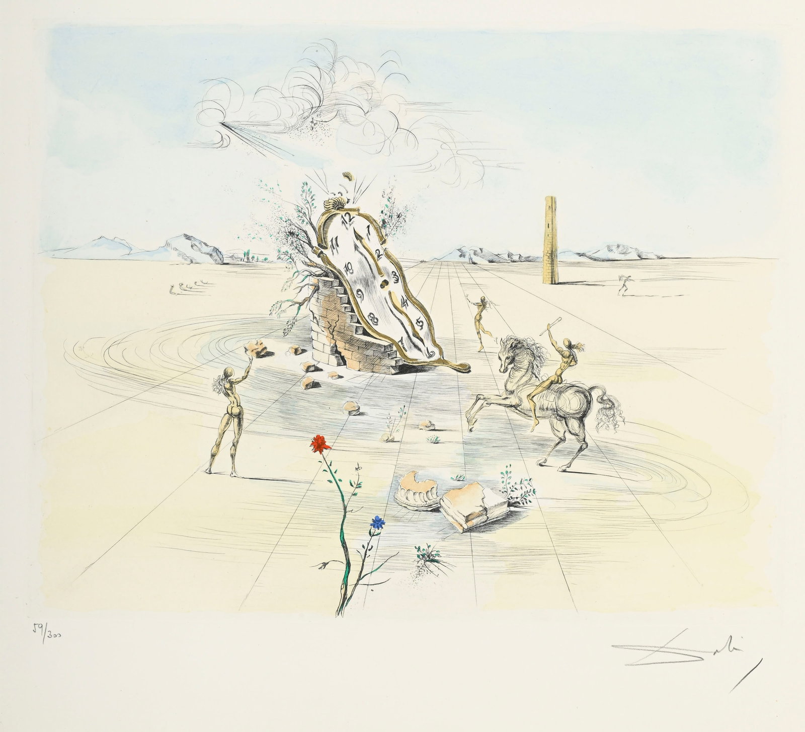 Salvador Dali (1904-1989), d'après, "Cavalier cosmique", 1982, eau-forte en couleurs, signé: Salvador Dali (1904-1989), d'après, "Cavalier cosmique", 1982, eau-forte en couleurs, signée et numérotée 59/300 au crayon, 38x47 cm Condition Encadrement : 81x84 cm