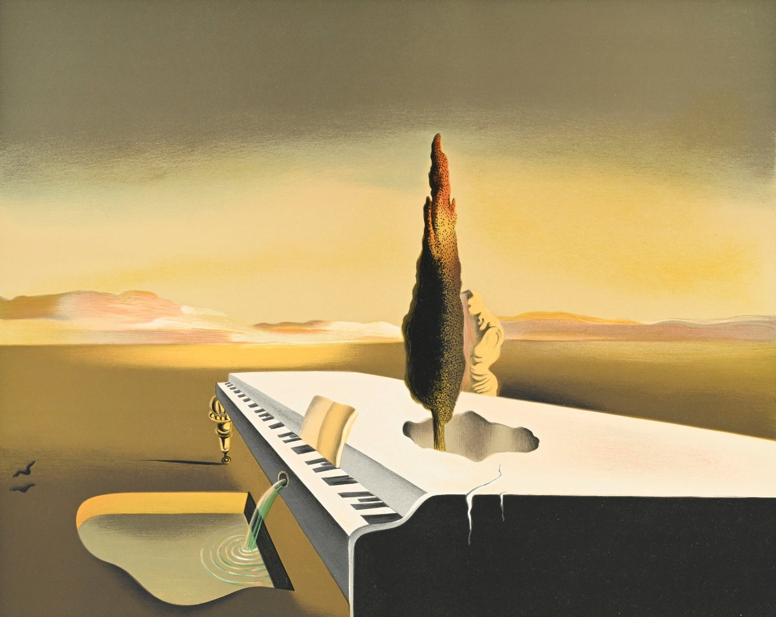 Salvador Dali (1904-1989), d'après, "Fontaine coulant d'un piano à queue", lithographie en: Salvador Dali (1904-1989), d'après, "Fontaine coulant d'un piano à queue", lithographie en couleurs, numérotée 184/295, tampon signature et timbre sec d'éditeur, 54,5x64,5 cm 