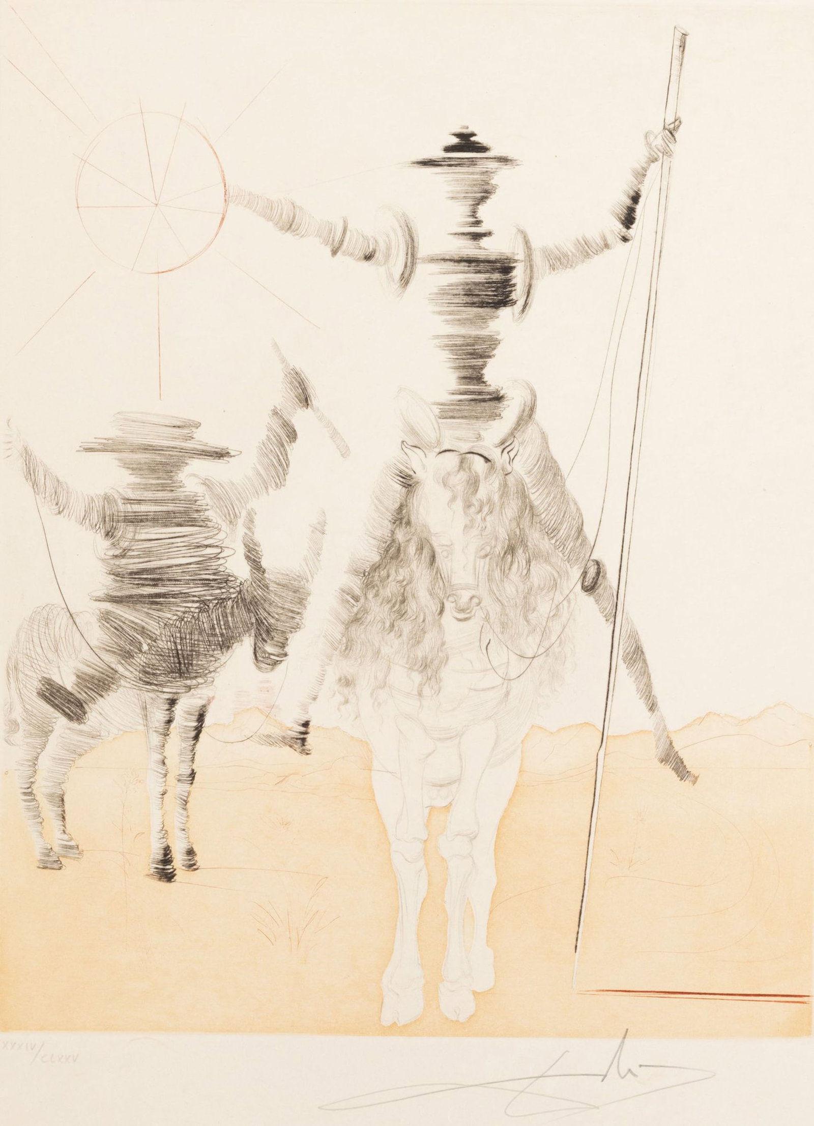 Salvador Dali (1904-1989), "Don Quichotte et Sancho Pança", 1980, pointe-sèche en couleurs: Salvador Dali (1904-1989), "Don Quichotte et Sancho Pança", 1980, pointe-sèche en couleurs sur papier Japon nacré, signée et numérotée XXXIV/CLXXXV, 75x55 cm