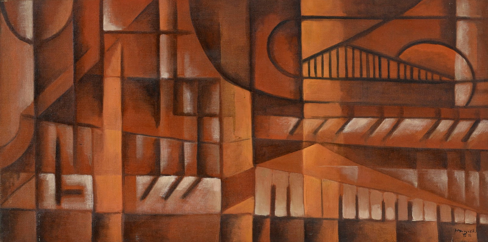 Davos Hanich (1922-1987), Composition terra cotta, 1955, huile sur toile, signée et datée,: Davos Hanich (1922-1987), Composition terra cotta, 1955, huile sur toile, signée et datée, 50,5x100 cm