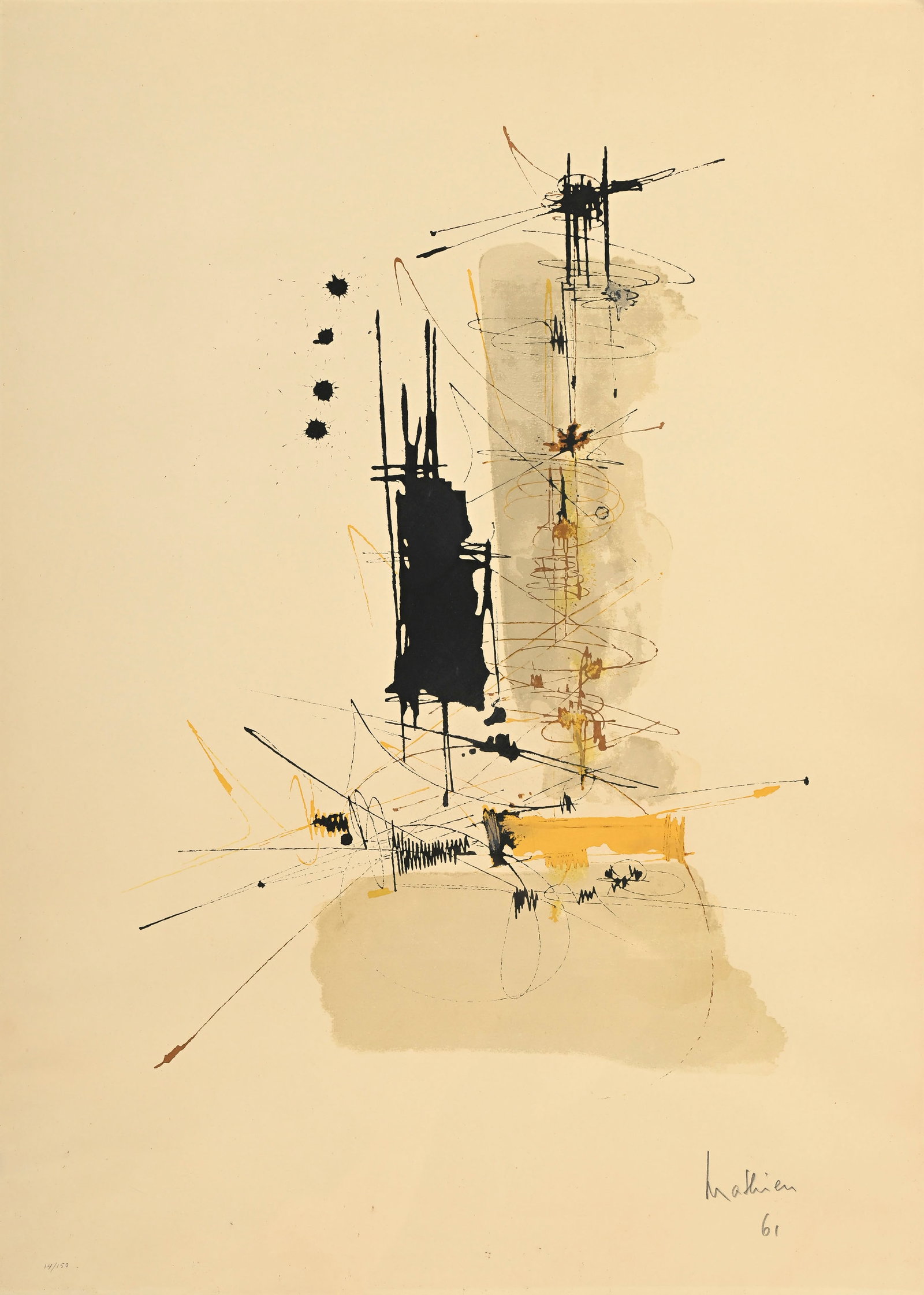 Georges Mathieu (1921-2012), d'après, Composition, 1961, lithographie, signée, datée : Georges Mathieu (1921-2012), d'après, Composition, 1961, lithographie, signée, datée et numérotée 14/150, 76,5x55 cm (feuille, à vue)