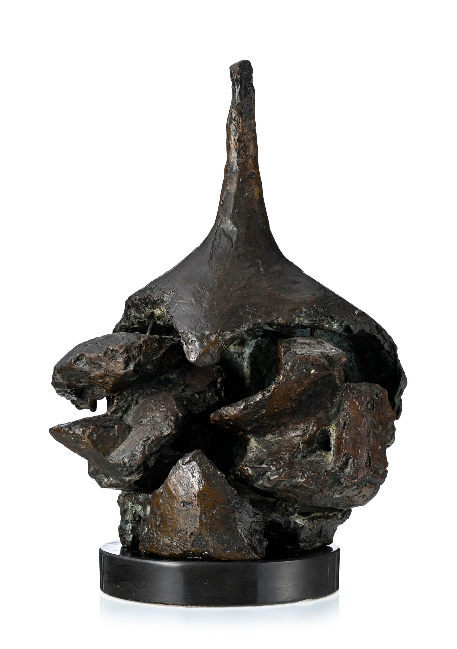 Etienne-Martin (1913-1995), "Tête d'ail", 1959, sculpture en bronze patiné avec 2 él&: Etienne-Martin (1913-1995), "Tête d'ail", 1959, sculpture en bronze patiné avec 2 éléments pivotant au centre, signée, datée et numérotée 6/6, h. 40,5 cm, h.