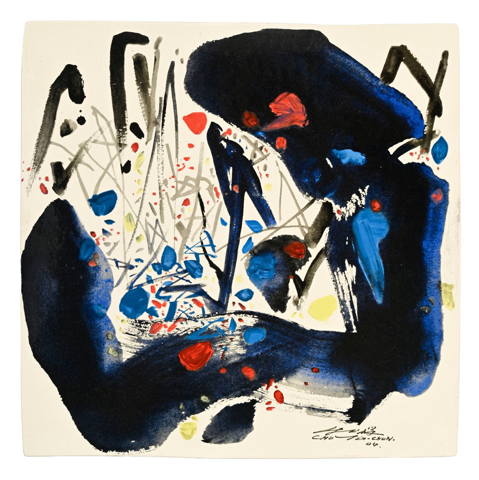 Chu Teh-Chun (1920-2014), d'après, "F19", 2004, céramique quadrangulaire émaillé: Chu Teh-Chun (1920-2014), d'après, "F19", 2004, céramique quadrangulaire émaillée à décor polychrome, signée et datée dans la composition, titrée et