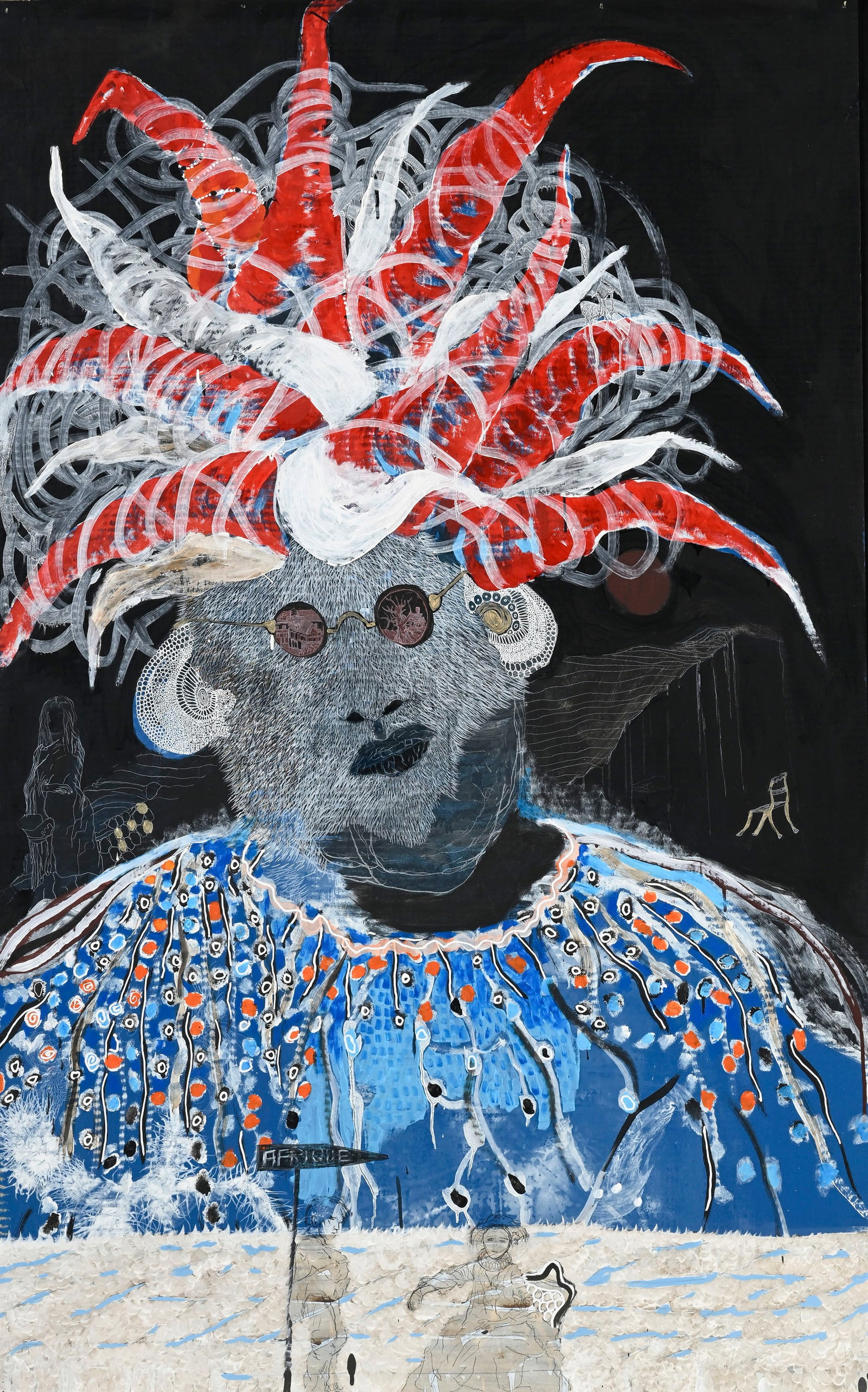 Omar Ba (1977), "The Law-1", 2011, technique mixte (huile, crayon, gouache et encre de Chine) sur ca: Omar Ba (1977), "The Law-1", 2011, technique mixte (huile, crayon, gouache et encre de Chine) sur carton, 160x100 cm Au verso: étiquette de la Galerie Anne de Villepoix, Paris, réf. OB1117