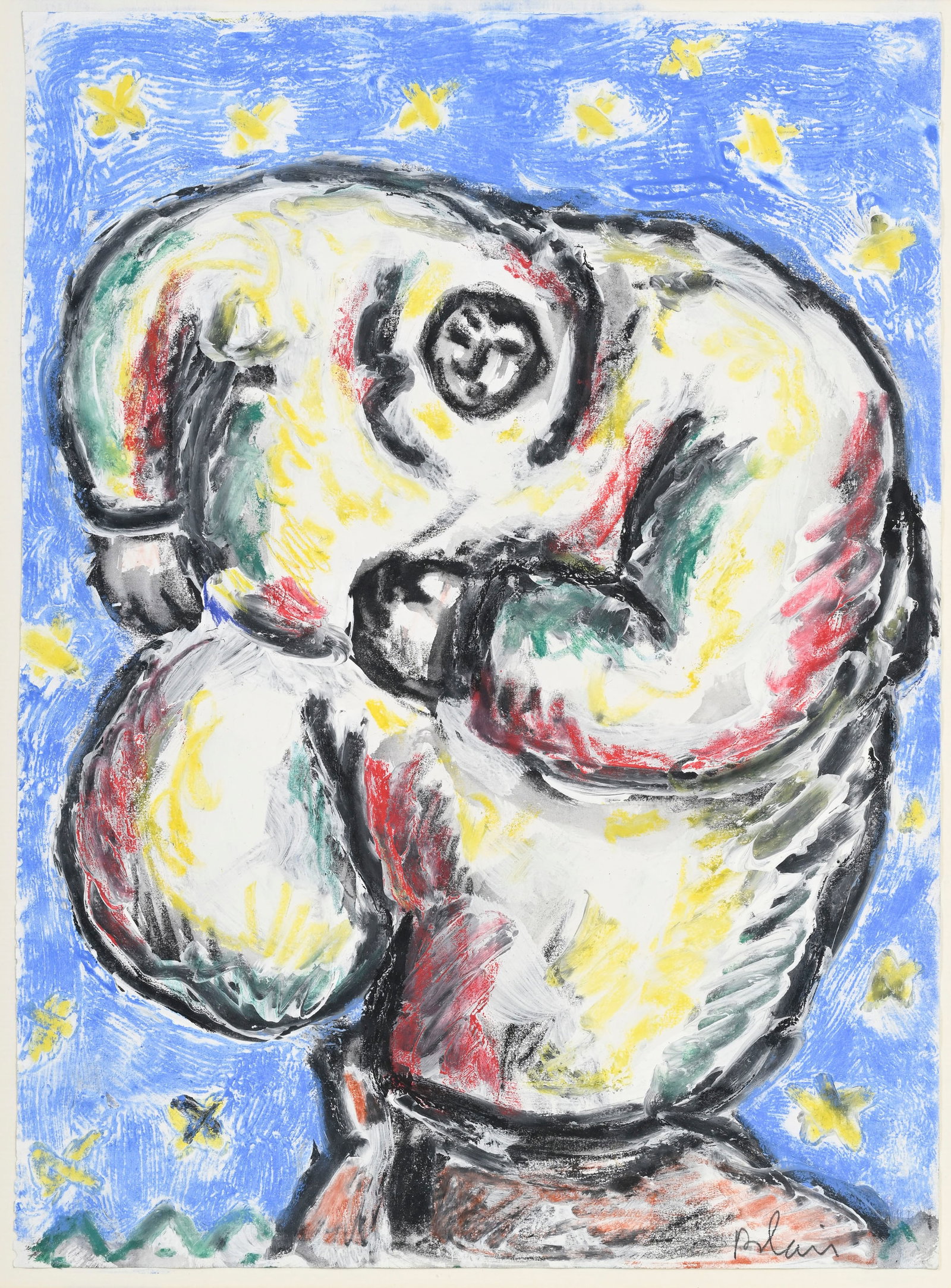 Jean-Charles Blais (1956), "Hô obèse", 1983, gouache, craie grasse et pastel sur papier, s: Jean-Charles Blais (1956), "Hô obèse", 1983, gouache, craie grasse et pastel sur papier, signée, 32x23,5 cm Etiquettes au verso: Galerie Yvon Lambert, Paris; Binoche et Godeau, Paris
