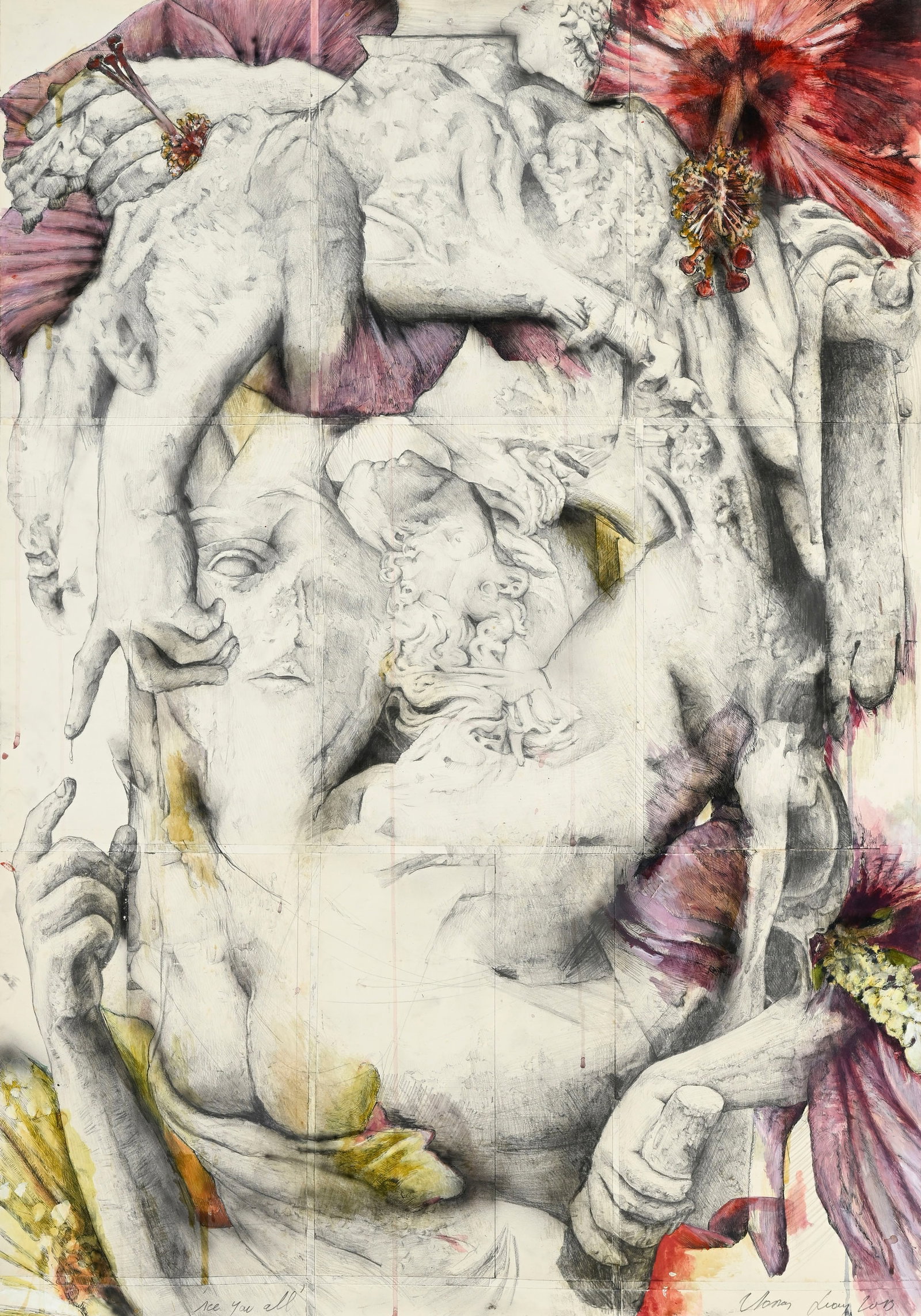 Thomas Lerooy (1981), "See you all", 2013, technique mixte sur papier, signée, datée et ti: Thomas Lerooy (1981), "See you all", 2013, technique mixte sur papier, signée, datée et titrée, 98x70 cm Au verso: étiquette de la Galerie Rodolphe Janssen, Bruxelles, réf. TL
