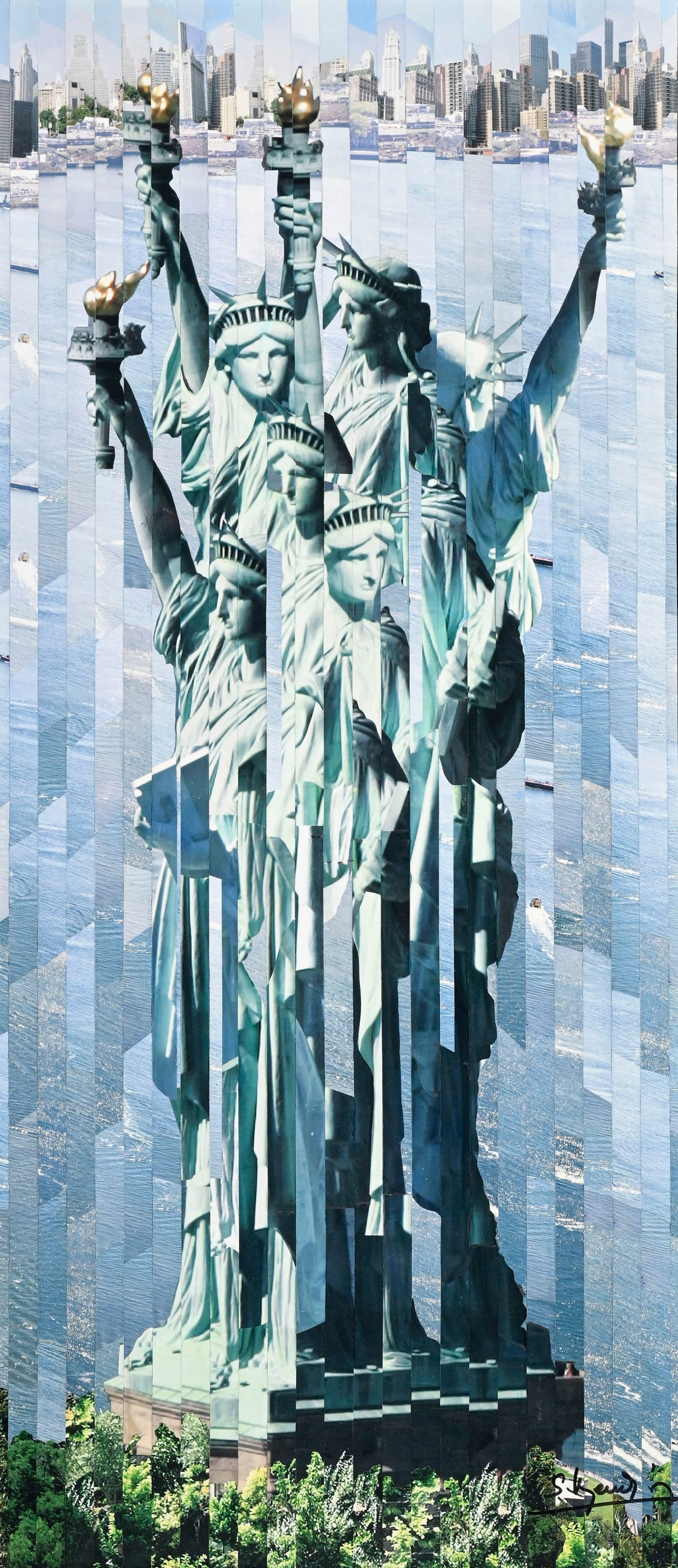 Serge Mendjisky (1929-2017), "Statue de la Liberté", 2007, monotype, photographies découp&: Serge Mendjisky (1929-2017), "Statue de la Liberté", 2007, monotype, photographies découpées et marouflées sur toile, signé et numéroté 8/8 au verso, 150x66 cm