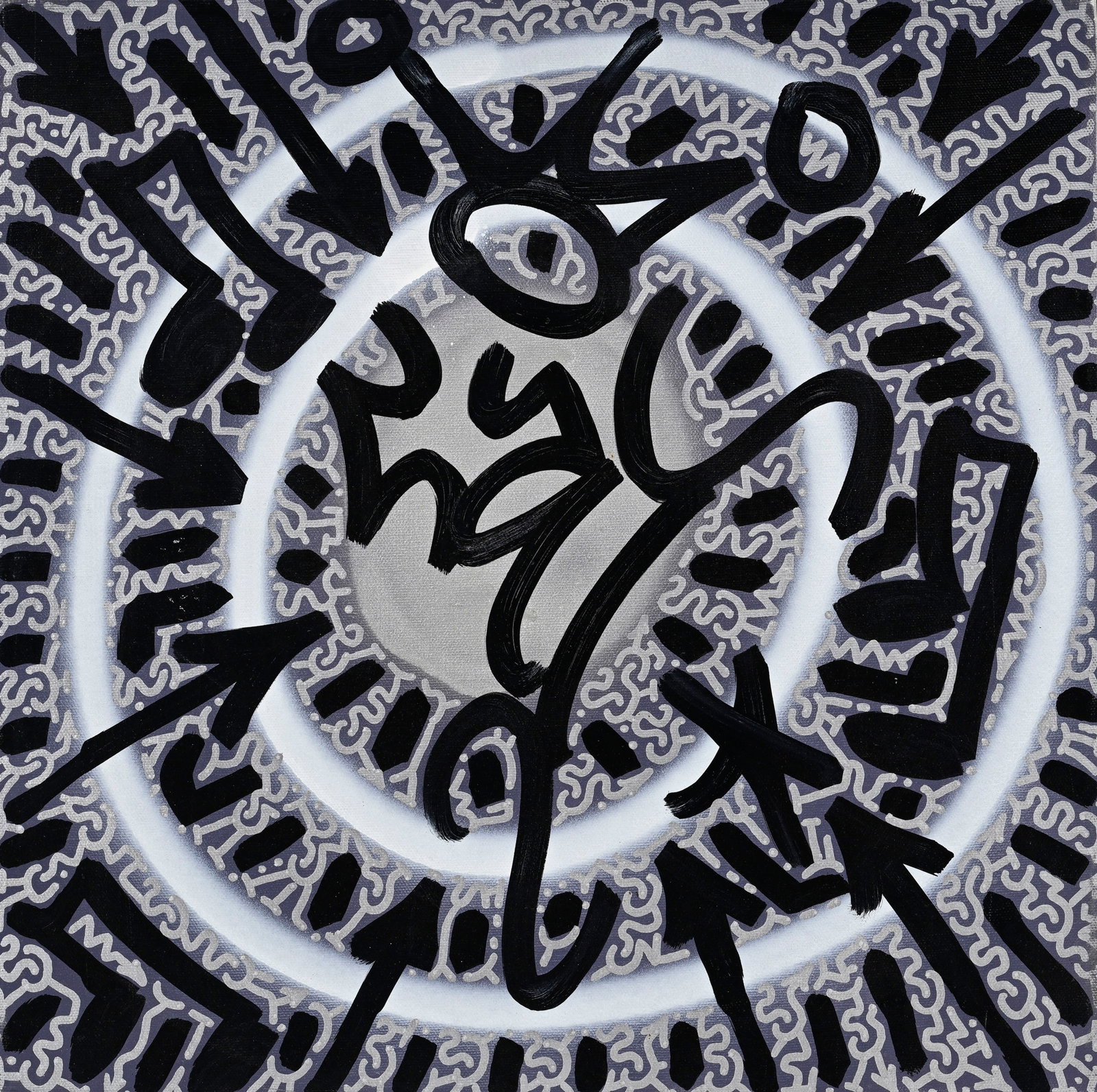 Angel Ortiz (1966), "Wowsie Woo Woo", 2007, peinture aérosol et feutre sur toile, signée a: Angel Ortiz (1966), "Wowsie Woo Woo", 2007, peinture aérosol et feutre sur toile, signée au verso, 45,5x45,5 cm Certificat de la Follin Gallery, New York Provenance: Collection privée,
