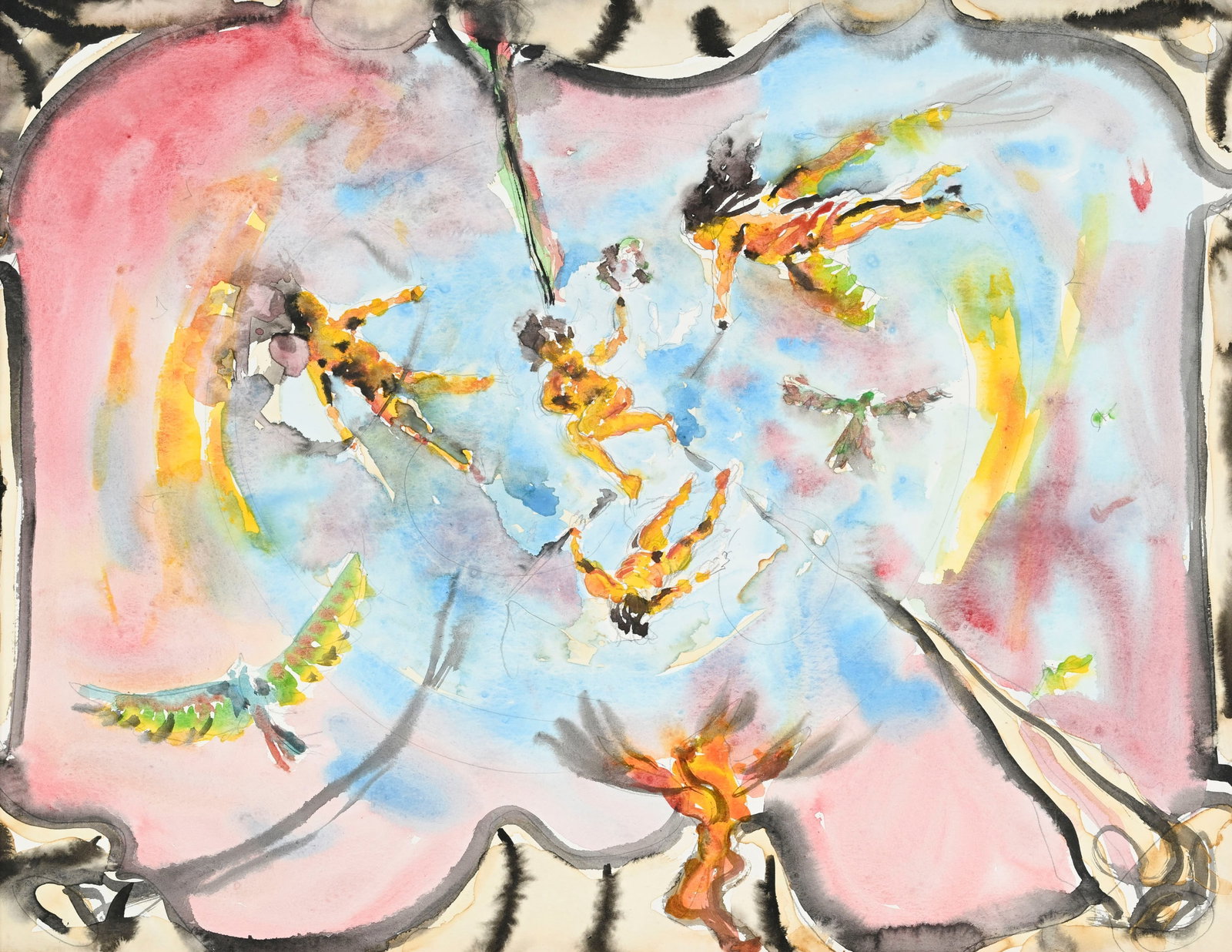 Stéphane Pencréac'h (1970), "Fantaisie baroque : tout le monde près d'elle", 2009, aq: Stéphane Pencréac'h (1970), "Fantaisie baroque : tout le monde près d'elle", 2009, aquarelle sur papier, 50x65 cm (à vue) Au verso: étiquette de la Galerie Anne de Villepoix,