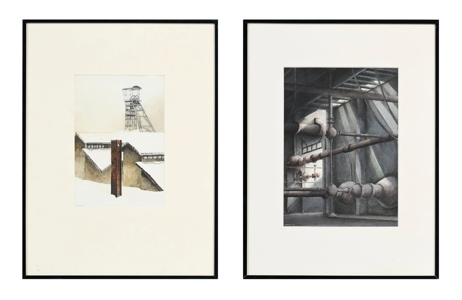 Denis Plessey (XX), Paysages industriels, 2009, 2 aquarelles sur papier, signées, 20,5x14 cm (&: Denis Plessey (XX), Paysages industriels, 2009, 2 aquarelles sur papier, signées, 20,5x14 cm (à vue) et 25x18 cm (à vue)