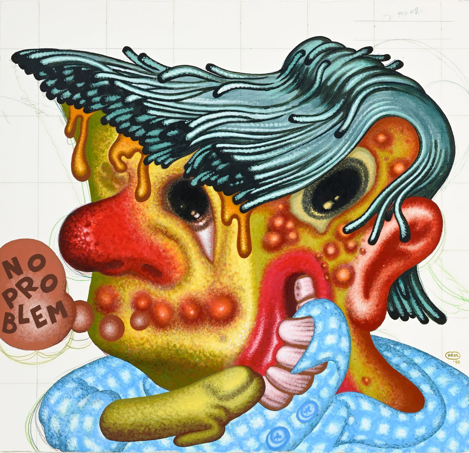 Peter Saul (1939), "No problem", 1999, acrylique et crayon de couleur sur papier, signée, dat&#: Peter Saul (1939), "No problem", 1999, acrylique et crayon de couleur sur papier, signée, datée et titrée, 106x101 cm Provenance: Collection Ian Glennie, Houston; Texas Gallery,