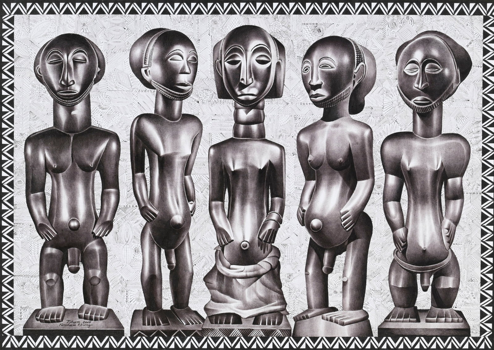 Tsham (1963), Composition aux statues, 2008, stylo bille sur papier, signé, daté et situ&# (1 of 5)