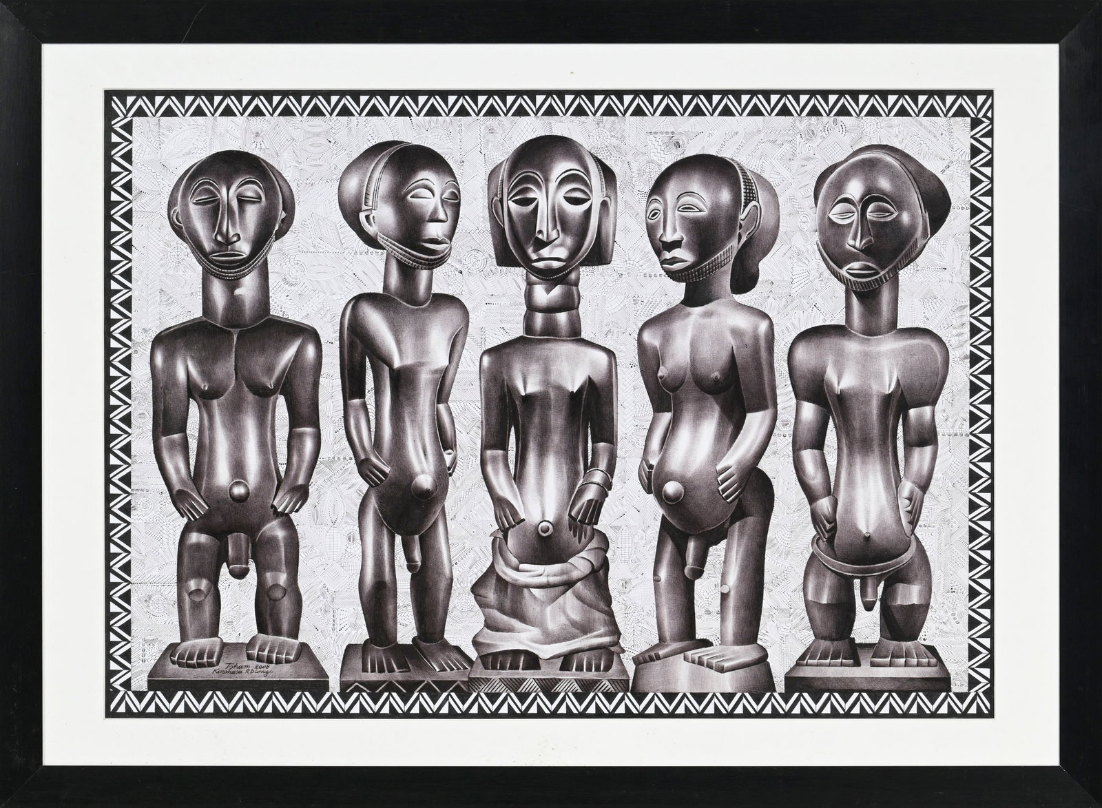Tsham (1963), Composition aux statues, 2008, stylo bille sur papier, signé, daté et situ&# - 2