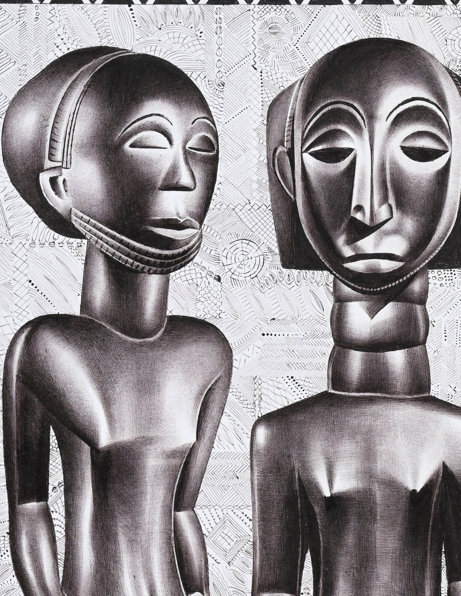 Tsham (1963), Composition aux statues, 2008, stylo bille sur papier, signé, daté et situ&# - 3