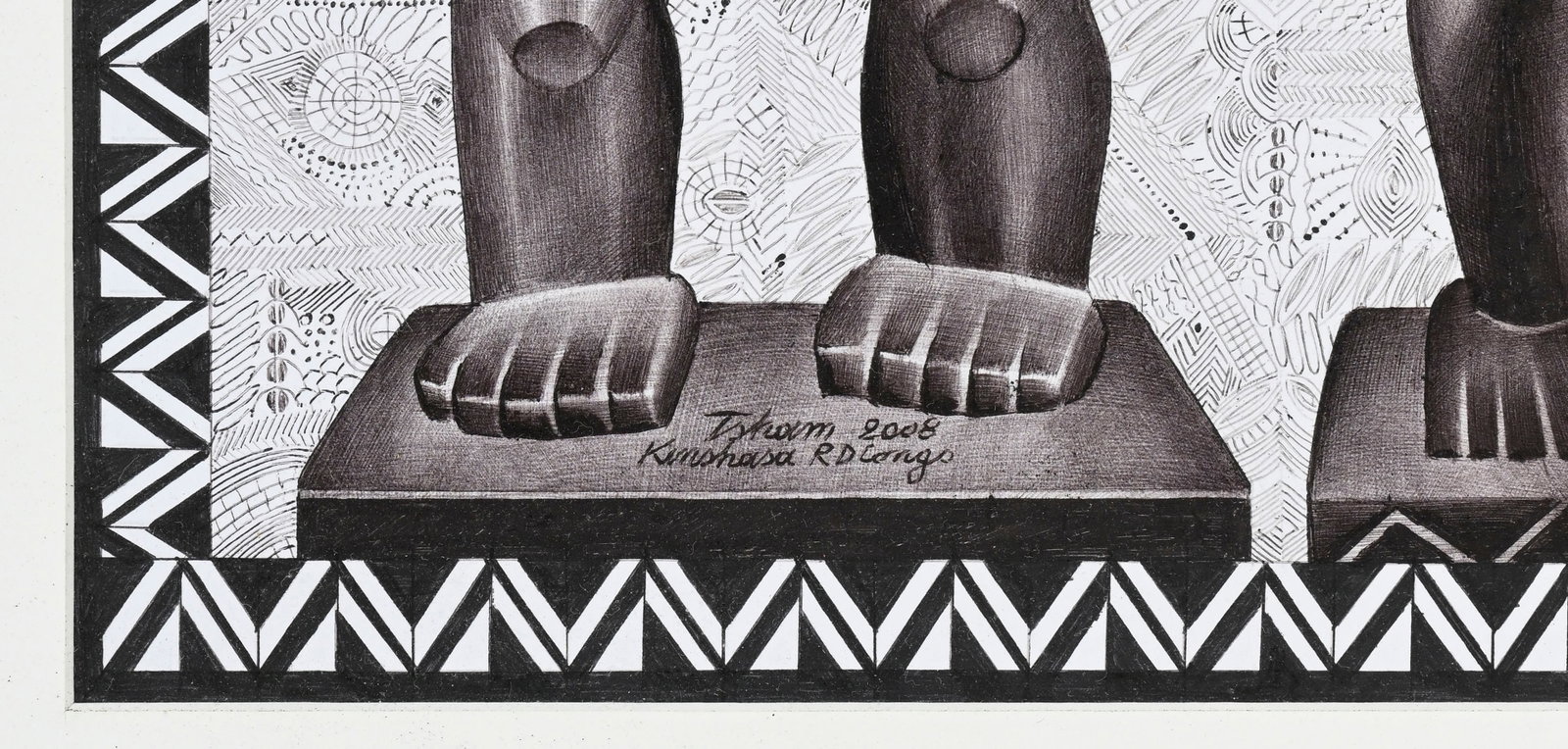 Tsham (1963), Composition aux statues, 2008, stylo bille sur papier, signé, daté et situ&# - 4