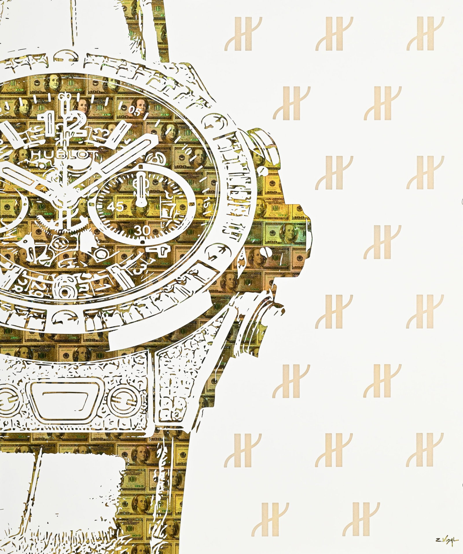 Zacharie Vidal (1981), "Hublot Big Bang Paraiba", 2019, technique mixte sur aluminium, signée, : Zacharie Vidal (1981), "Hublot Big Bang Paraiba", 2019, technique mixte sur aluminium, signée, contresignée, datée, titrée et numérotée 1/1 au verso, 150x125 cm