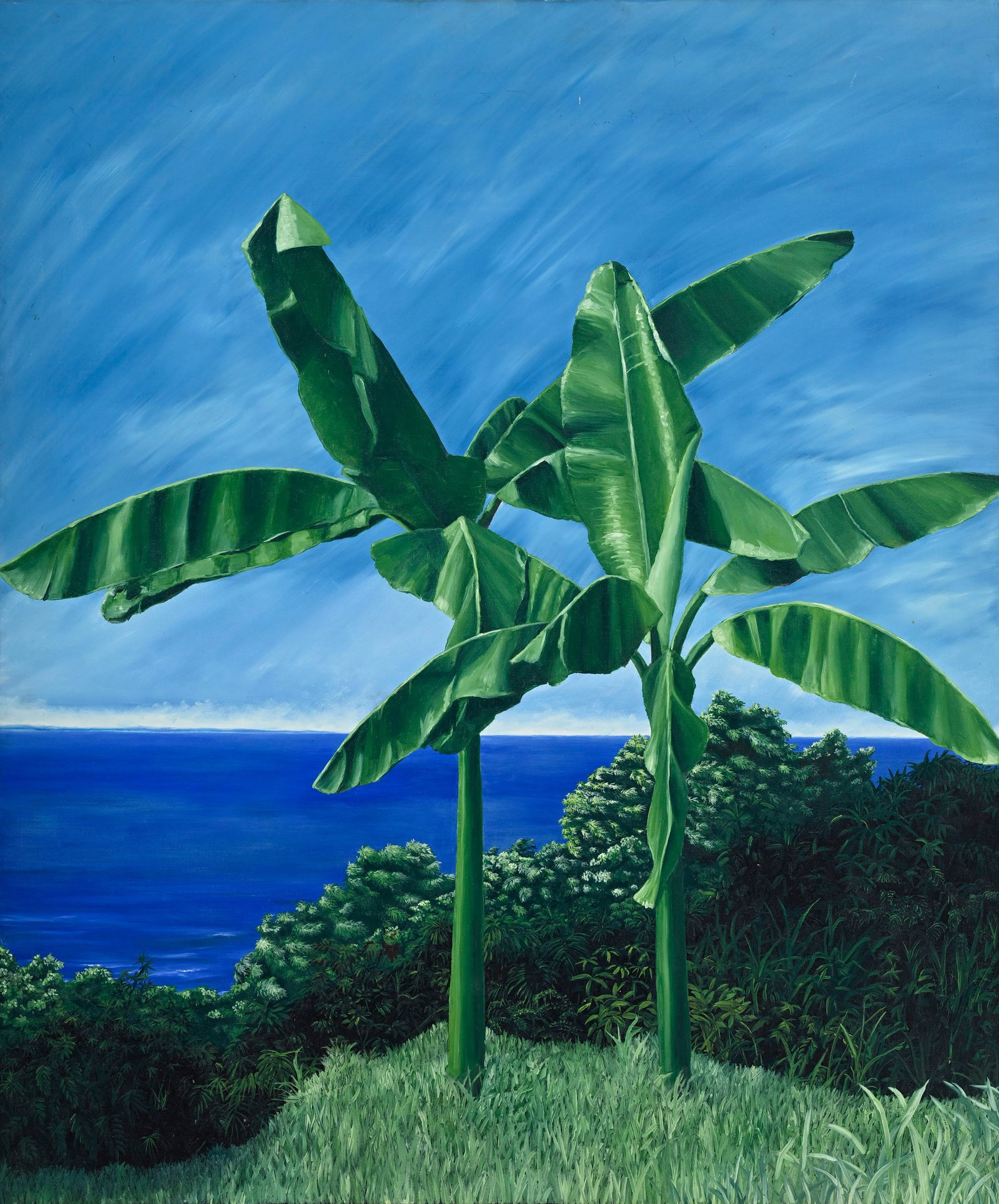 Luiz Zuddio (XX-XXI), Bananiers en bord de mer, 1984, huile sur toile, signée, datée "janv: Luiz Zuddio (XX-XXI), Bananiers en bord de mer, 1984, huile sur toile, signée, datée "janvier 1984" et située "Genève" au verso, 120x100 cm