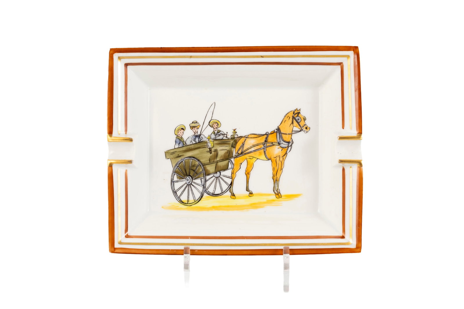 Hermès. Cendrier vide-poche en porcelaine, Paris, à décor de calèche et personna: Hermès. Cendrier vide-poche en porcelaine, Paris, à décor de calèche et personnages, 19,5x16 cm