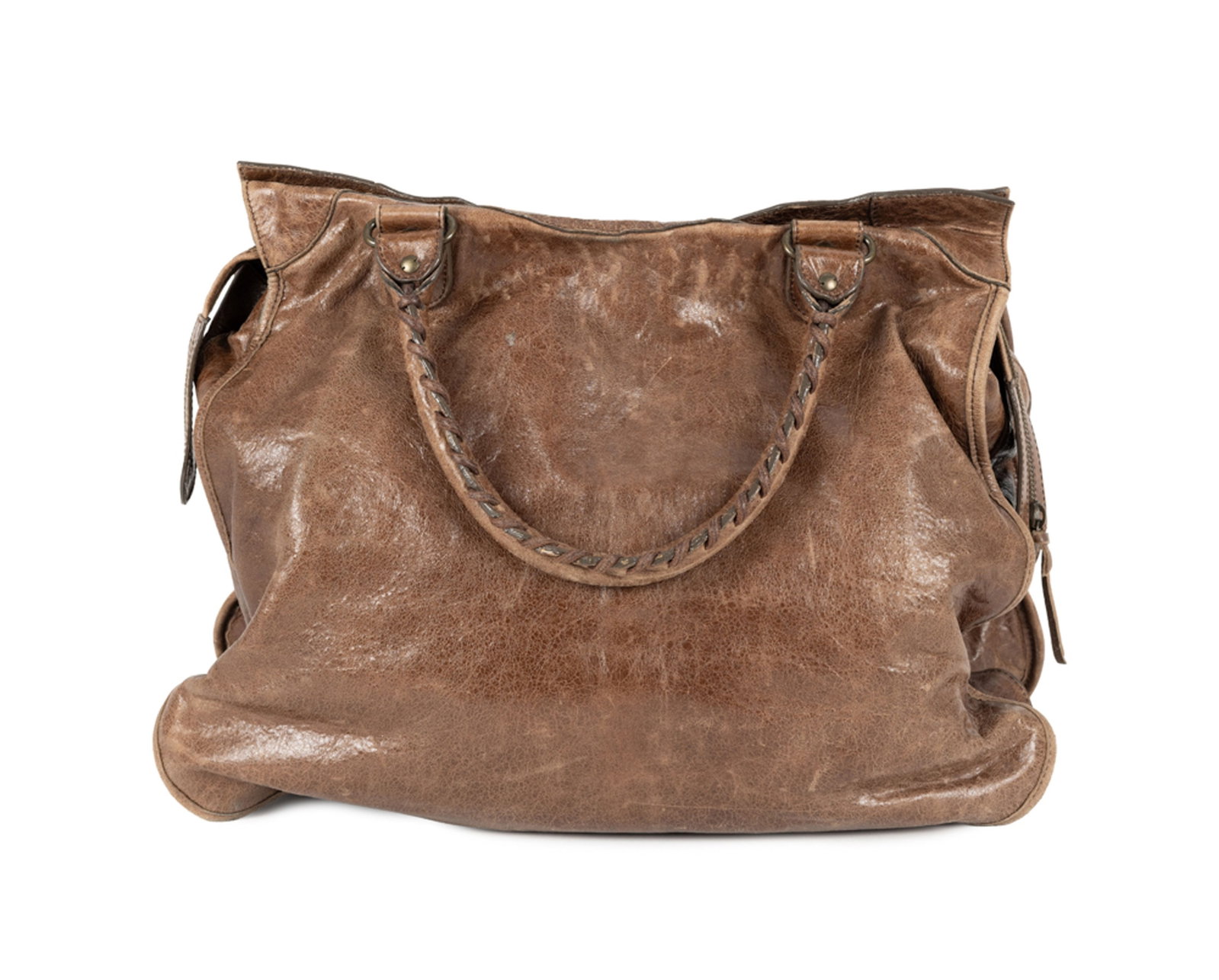 Balenciaga, sac Work en cuir brun vieilli, doubles anses tressées, poche extérieure zipp&# - 2