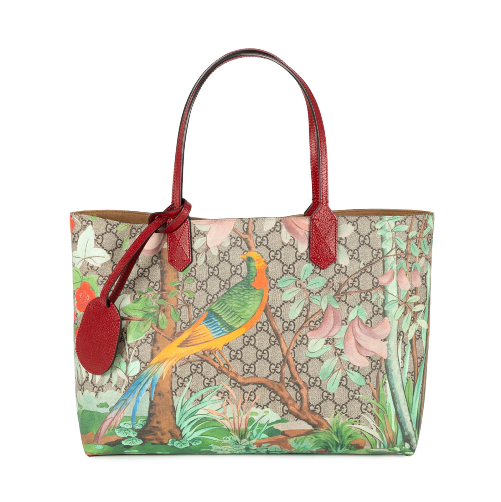 Gucci, sac GG Supreme Tian Cabas en toile enduite imprimée jungle et oiseau exotique, poign: Gucci, sac GG Supreme Tian Cabas en toile enduite imprimée jungle et oiseau exotique, poignées et finitions en cuir rouge, housse, boîte, 28x38 cm Condition Très bon état de