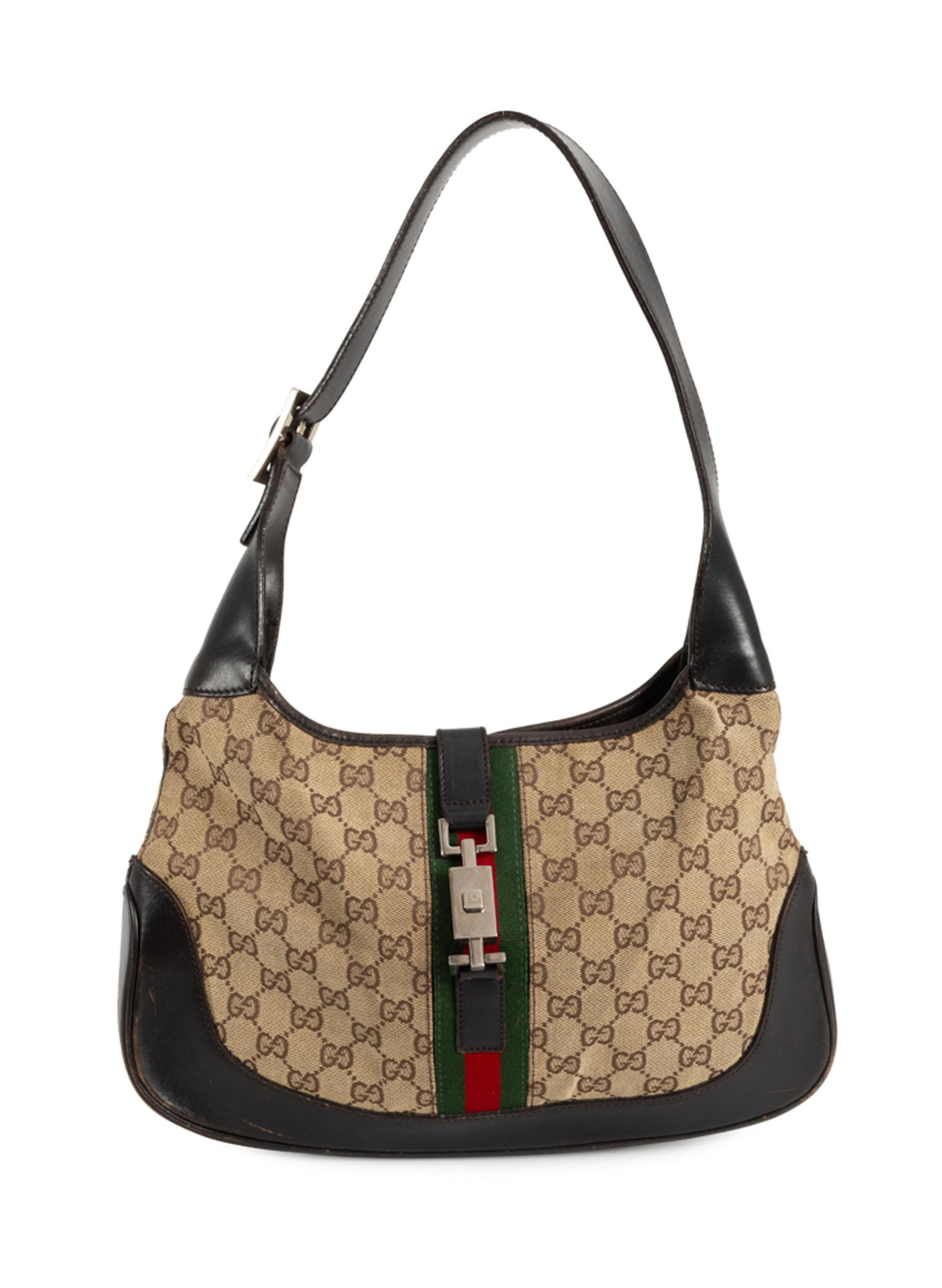 Gucci, sac Jackie en toile GG beige et cuir brun, bande Web verte et rouge, garnitures en métal: Gucci, sac Jackie en toile GG beige et cuir brun, bande Web verte et rouge, garnitures en métal argenté et fermeture à piston, 20x31 cm Condition Sac vintage en moyen état de