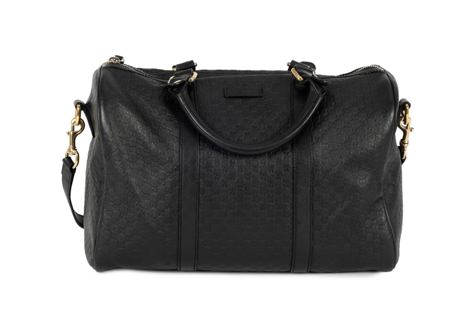 Gucci, sac Boston Guccissima en cuir noir embossé du motif GG, garnitures en métal dor: Gucci, sac Boston Guccissima en cuir noir embossé du motif GG, garnitures en métal doré, doubles anses et bandoulière amovible, 20x32 cm Condition Sac remis en état chez