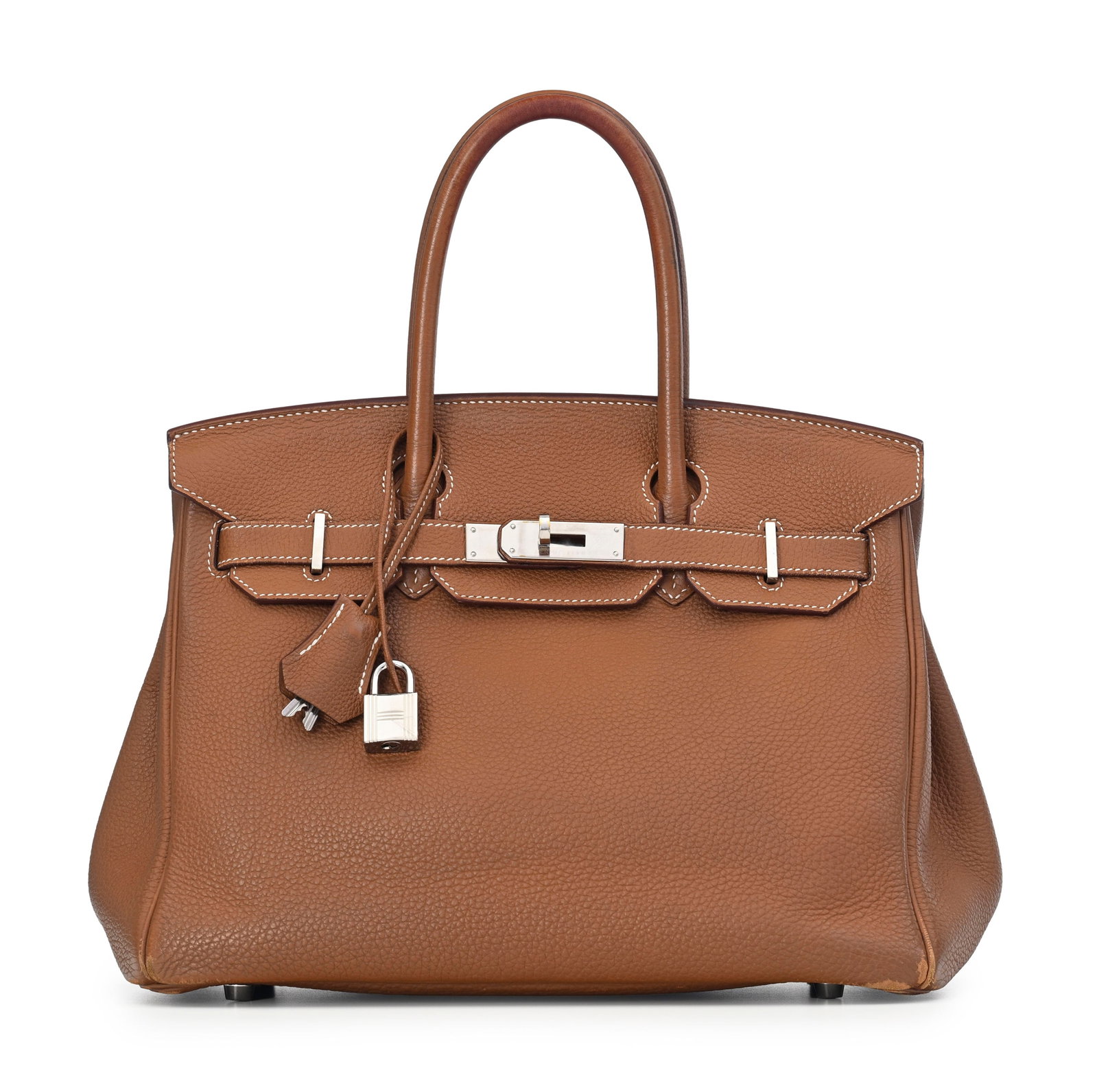 Hermès, sac Birkin 30 en cuir Togo Gold, année 2015, bijouterie en métal couleur pall: Hermès, sac Birkin 30 en cuir Togo Gold, année 2015, bijouterie en métal couleur palladium, piqué sellier blanc, tirette clochette, 2 clefs et cadenas, housse, 22x30 cm Condition