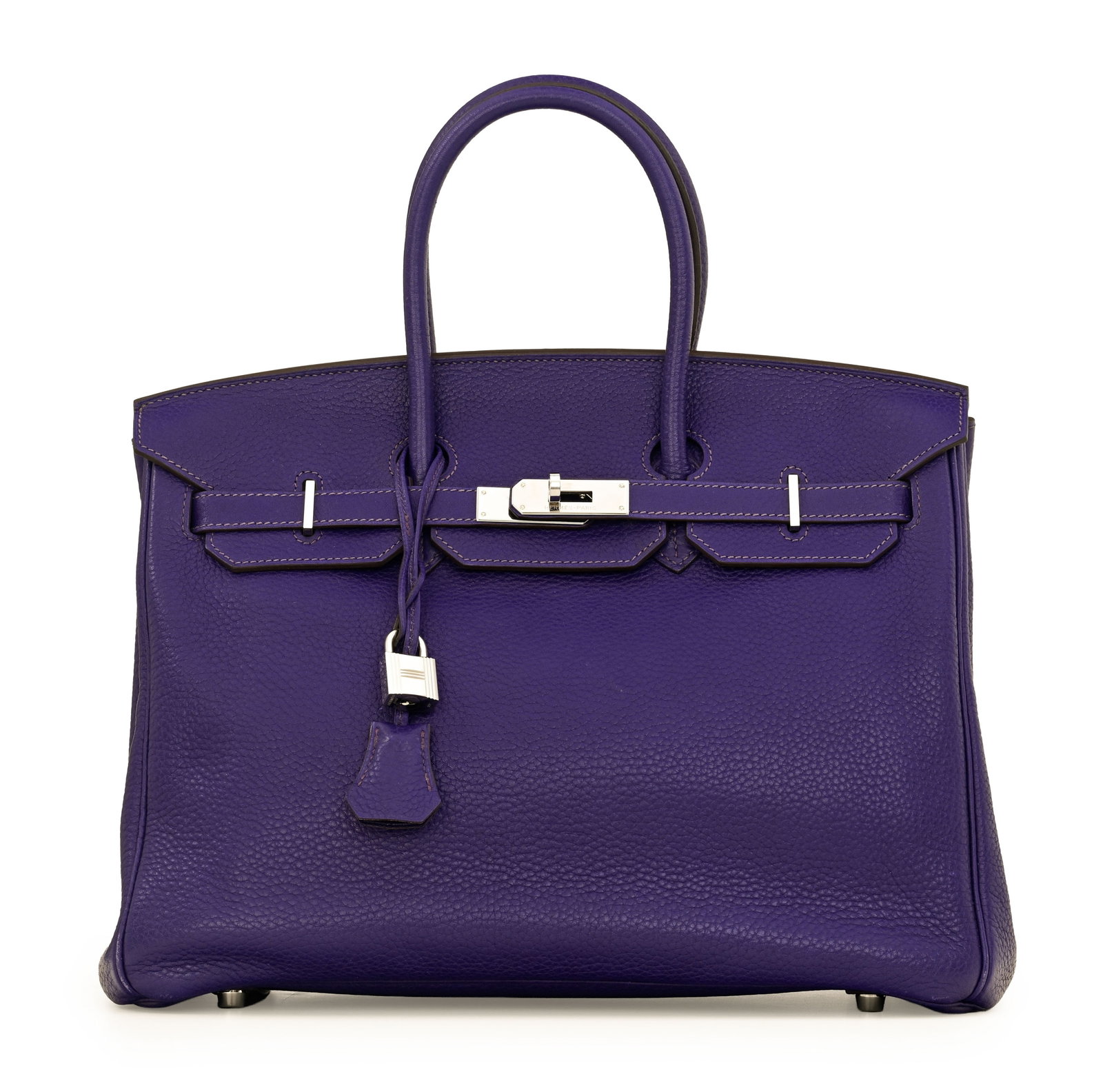 Hermès, sac Birkin 35 en cuir Togo Iris, année 2018, bijouterie en métal couleur pall: Hermès, sac Birkin 35 en cuir Togo Iris, année 2018, bijouterie en métal couleur palladium, tirette et clochette avec 2 clefs et cadenas, housse, 25x35 cm Condition Très bon
