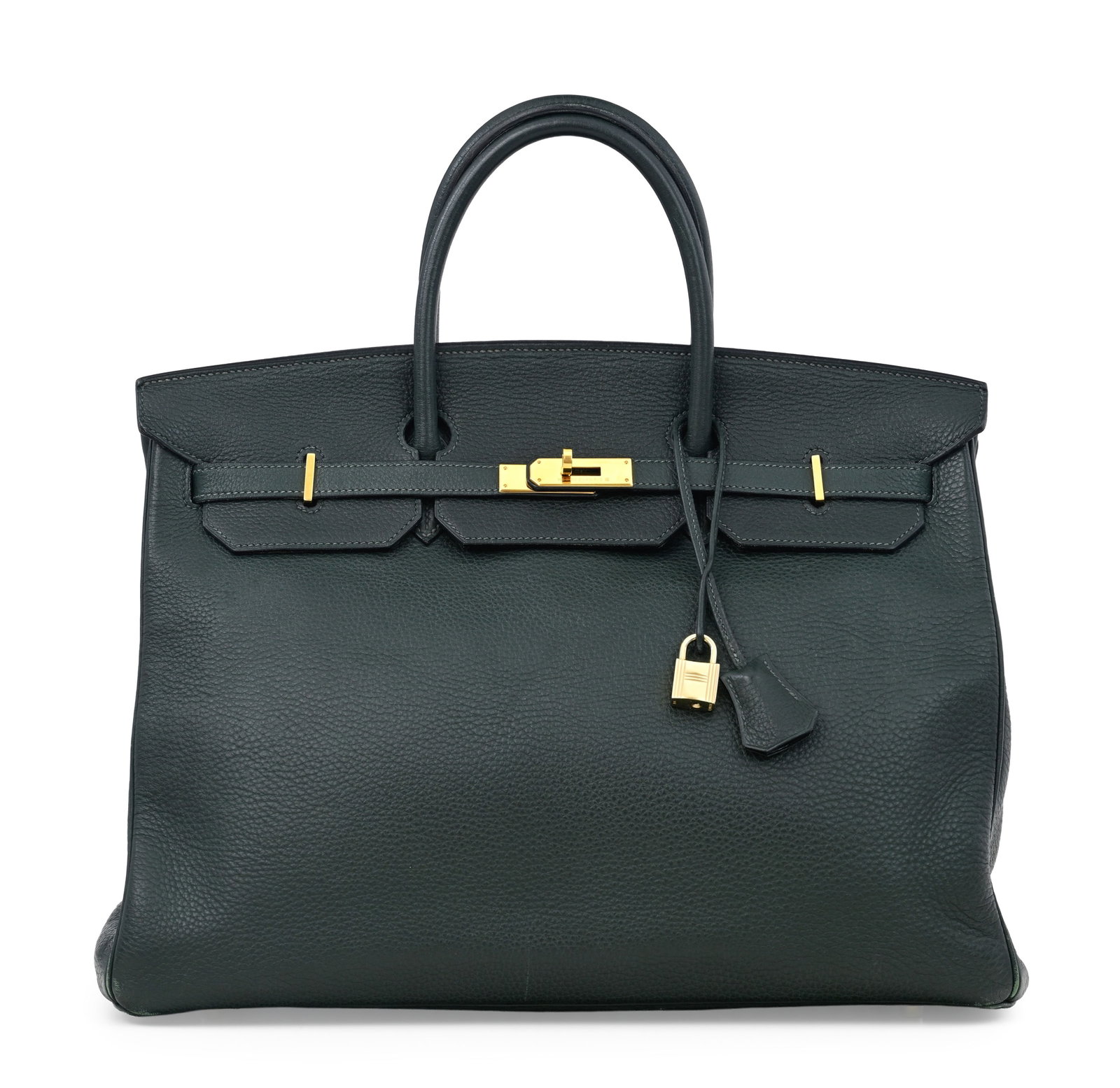 Hermès, sac Birkin 40 en cuir Togo Vert Cyprès, année 1996, bijouterie plaquée o: Hermès, sac Birkin 40 en cuir Togo Vert Cyprès, année 1996, bijouterie plaquée or, tirette et clochette avec 2 clefs et cadenas, housse, 30x40 cm Condition Très bon état
