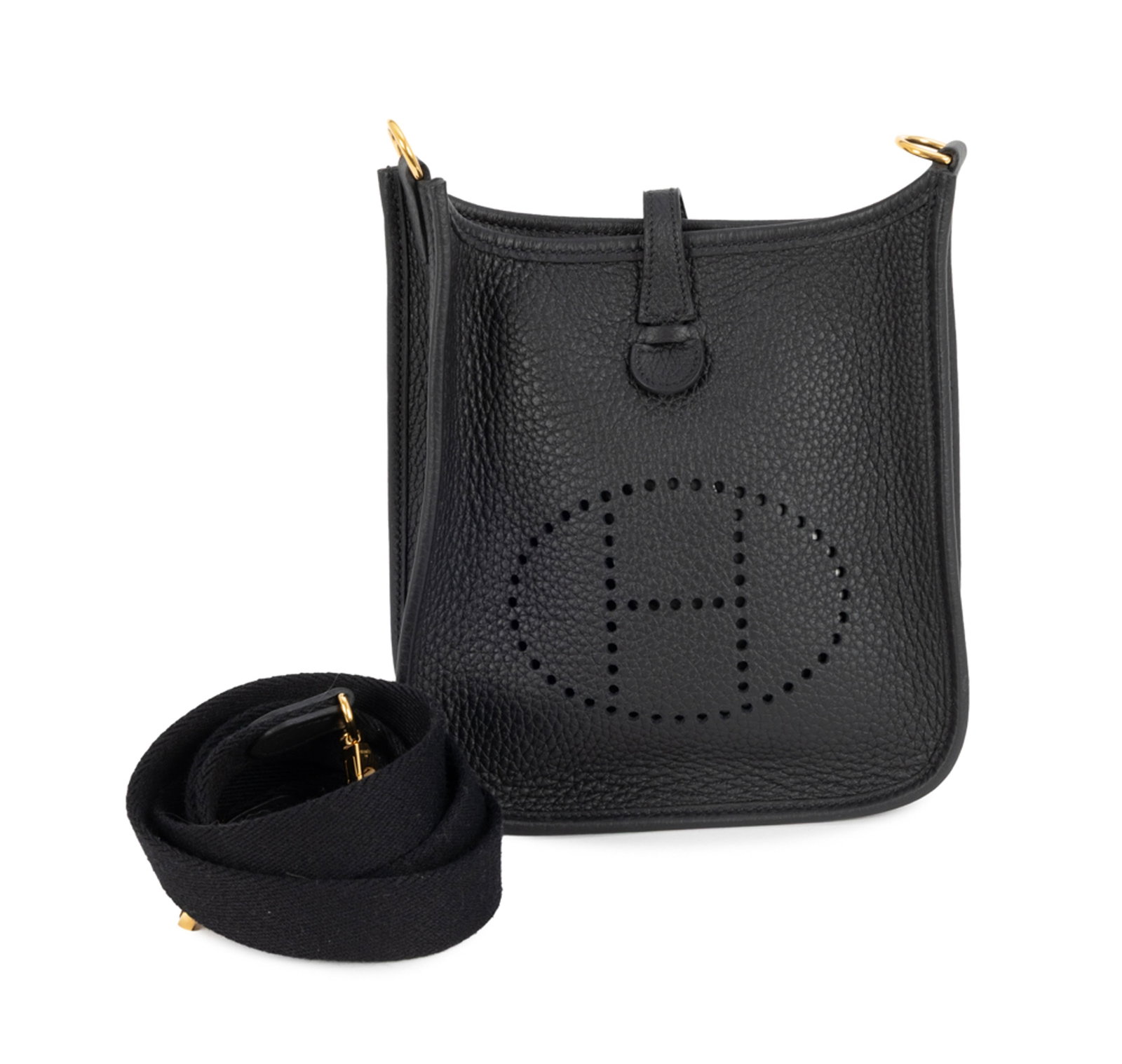 Hermès, sac Mini Evelyne TPM en cuir Togo noir, année 2021, bandoulière fixe en toile: Hermès, sac Mini Evelyne TPM en cuir Togo noir, année 2021, bandoulière fixe en toile noire, housse et boîte, 18x16 cm