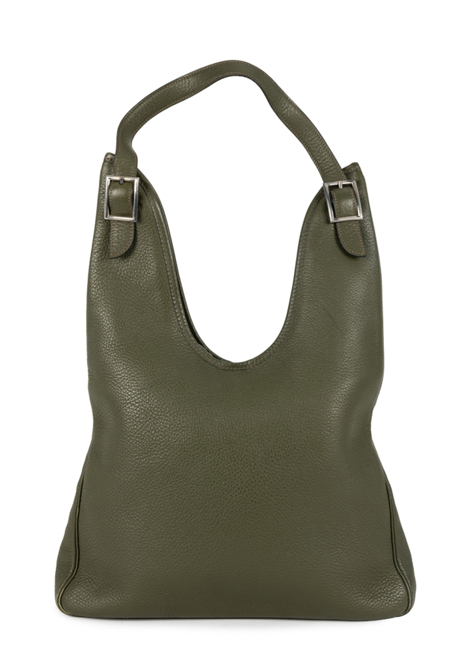 Hermès, sac Massai 32 en cuir Taurillon Clémence vert kaki, année 1999, 2 bandouli: Hermès, sac Massai 32 en cuir Taurillon Clémence vert kaki, année 1999, 2 bandoulière interchangeables, doublure en toile simple beige, 27x32 cm Condition Bon état de