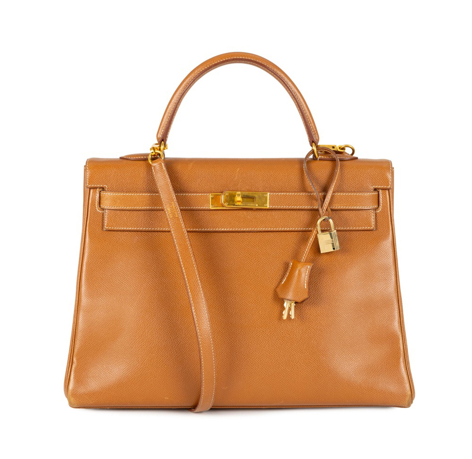 Hermès, sac Kelly 35 retourné en cuir Epsom gold, année 1996, piqué sellier blan: Hermès, sac Kelly 35 retourné en cuir Epsom gold, année 1996, piqué sellier blanc, bandoulière, tirette et clochette avec 2 clefs et cadenas, housse, 25x35 cm Condition Bon