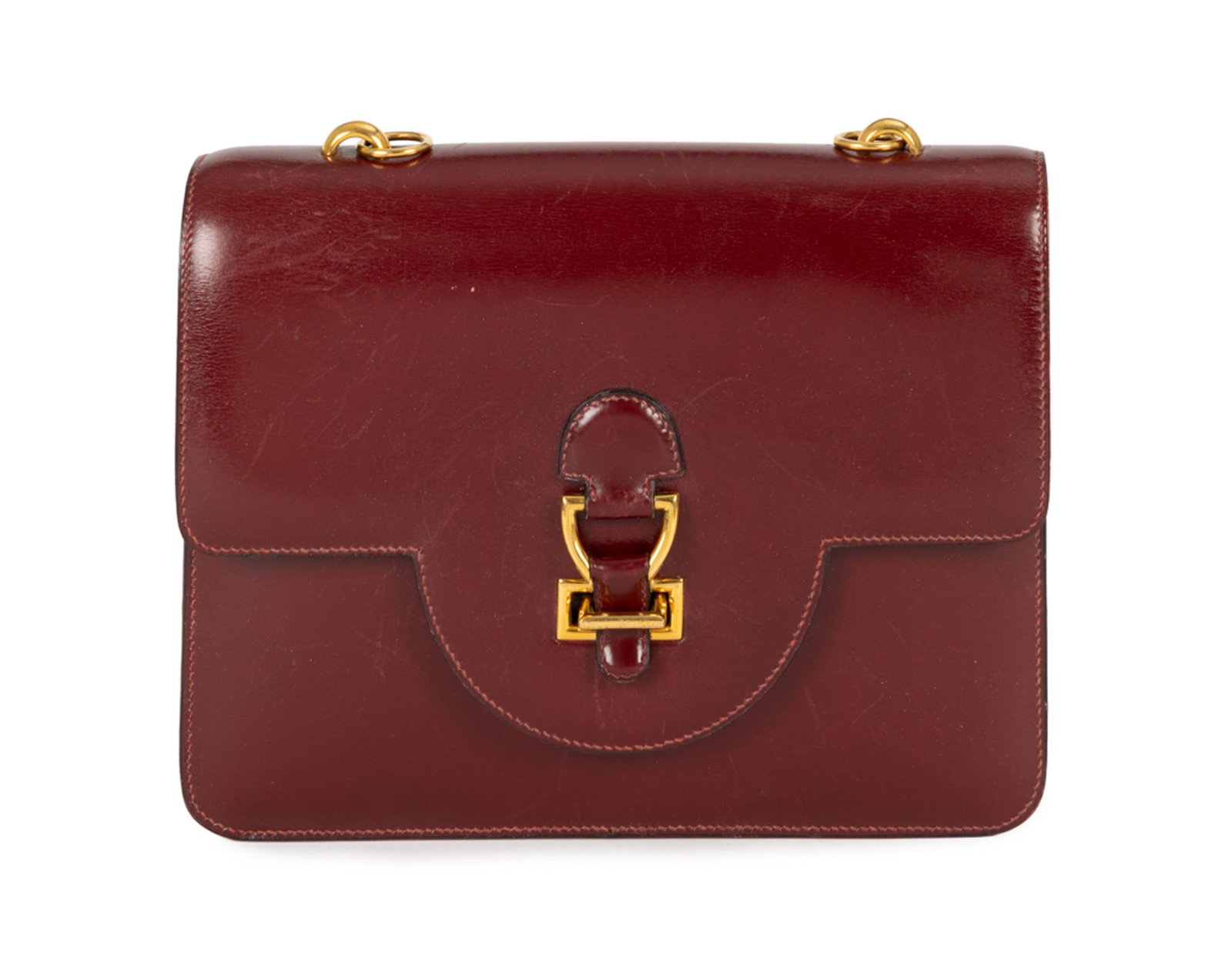 Hermès, sac Sandrine en cuir Box Rouge H, vintage, bijouterie plaquée or, sans bandouli: Hermès, sac Sandrine en cuir Box Rouge H, vintage, bijouterie plaquée or, sans bandoulière, 19x24 cm Condition Ce sac est vendu sans bandoulière. Griffures au cuir Angles,