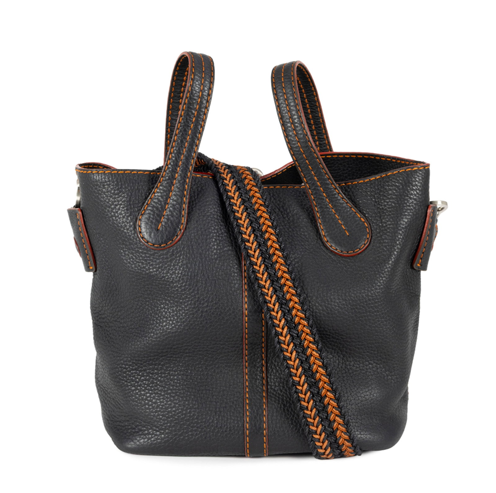 Tod’s, sac cabas en cuir noir grainé à surpiqûres orange, doubles anses, bandou - 3